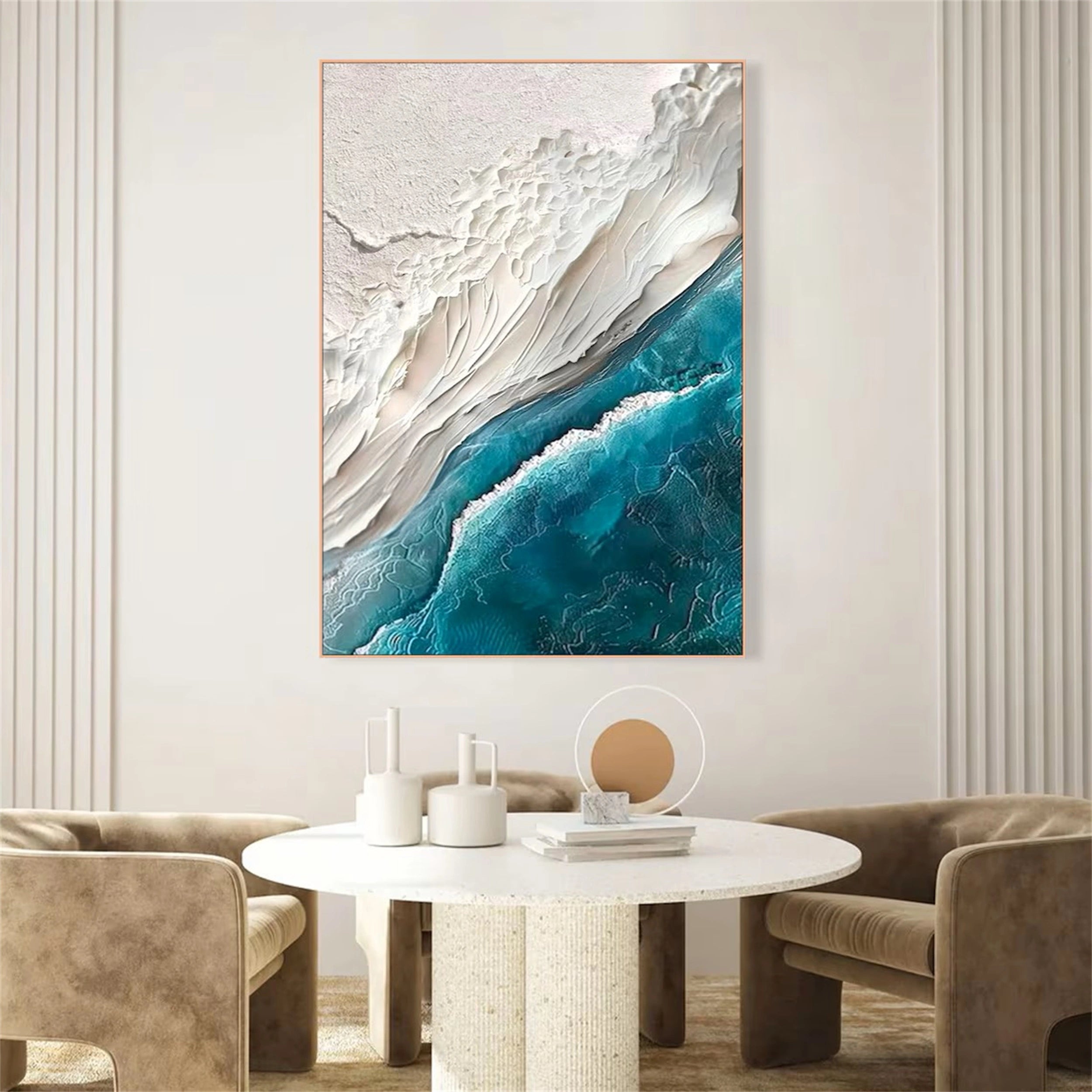 3D Plaster Style Wall Art | Vertical Coastal Ocean Wave Canvas #ZZ 067