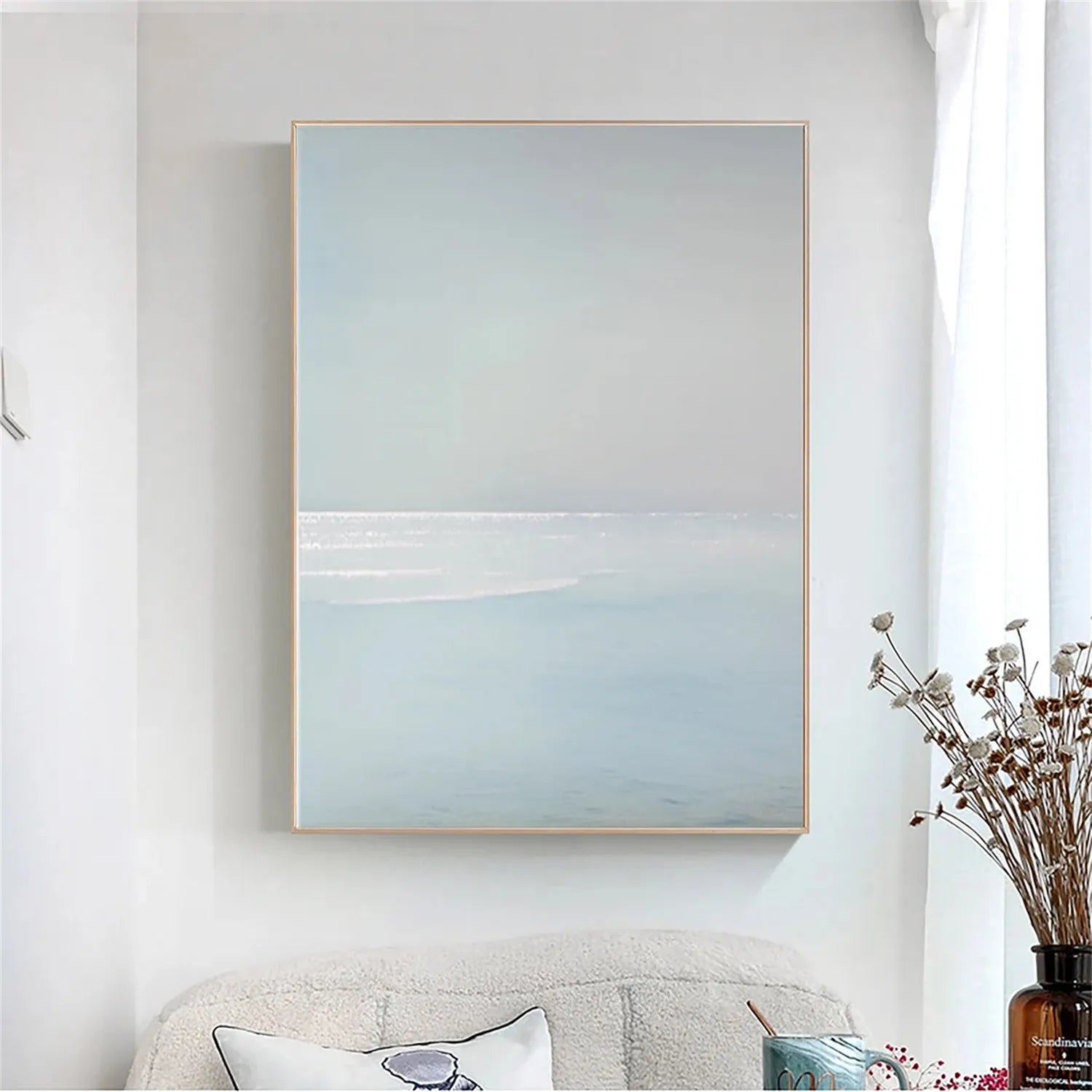 Vertical Soft Blue and Beige Ocean Sky Abstract Oil Painting - Modern Serene