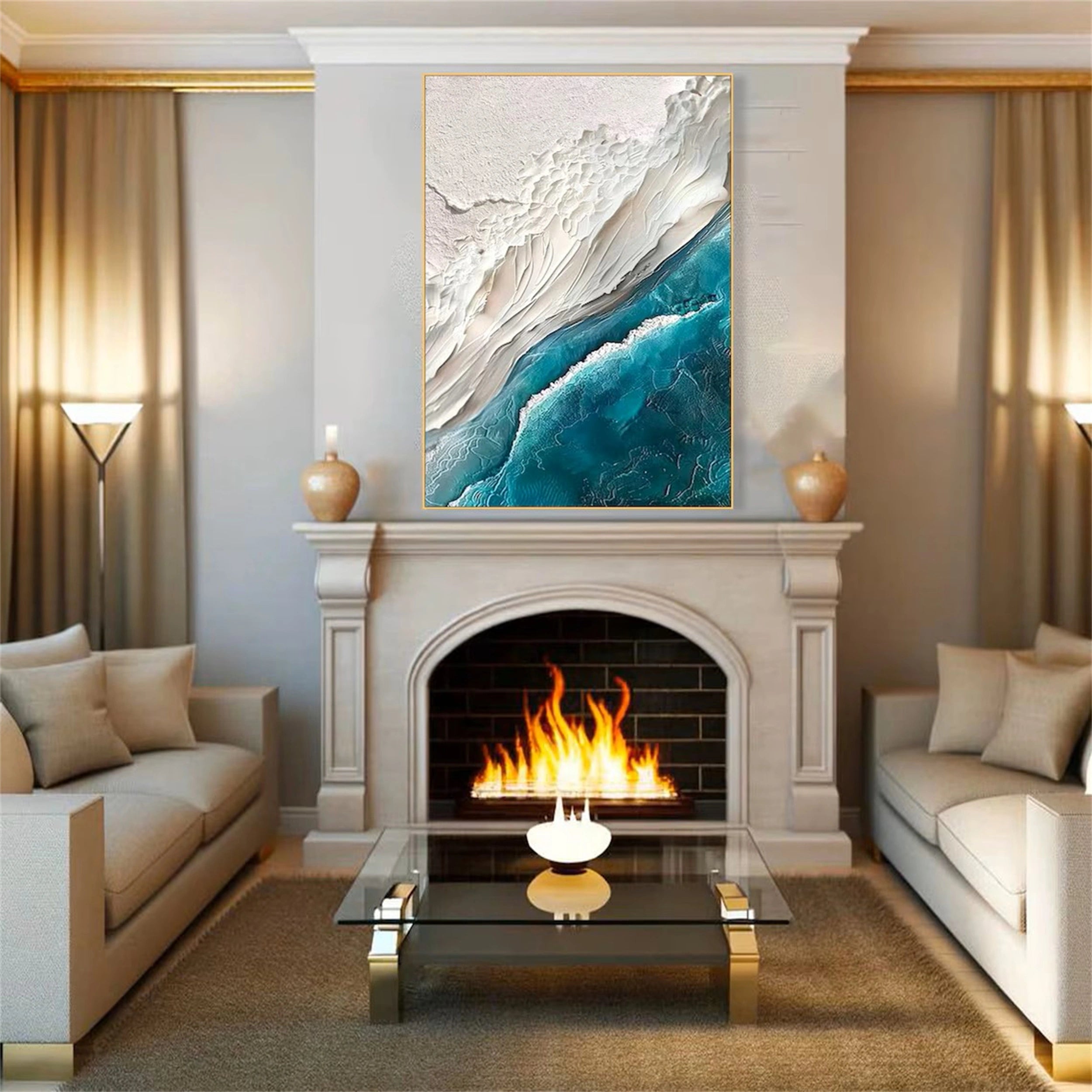 3D Plaster Style Wall Art | Vertical Coastal Ocean Wave Canvas #ZZ 067