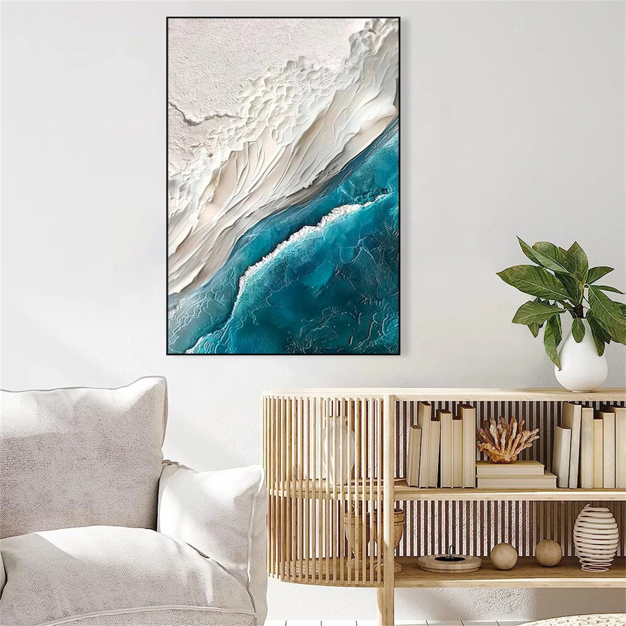 3D Plaster Style Wall Art | Vertical Coastal Ocean Wave Canvas #ZZ 067