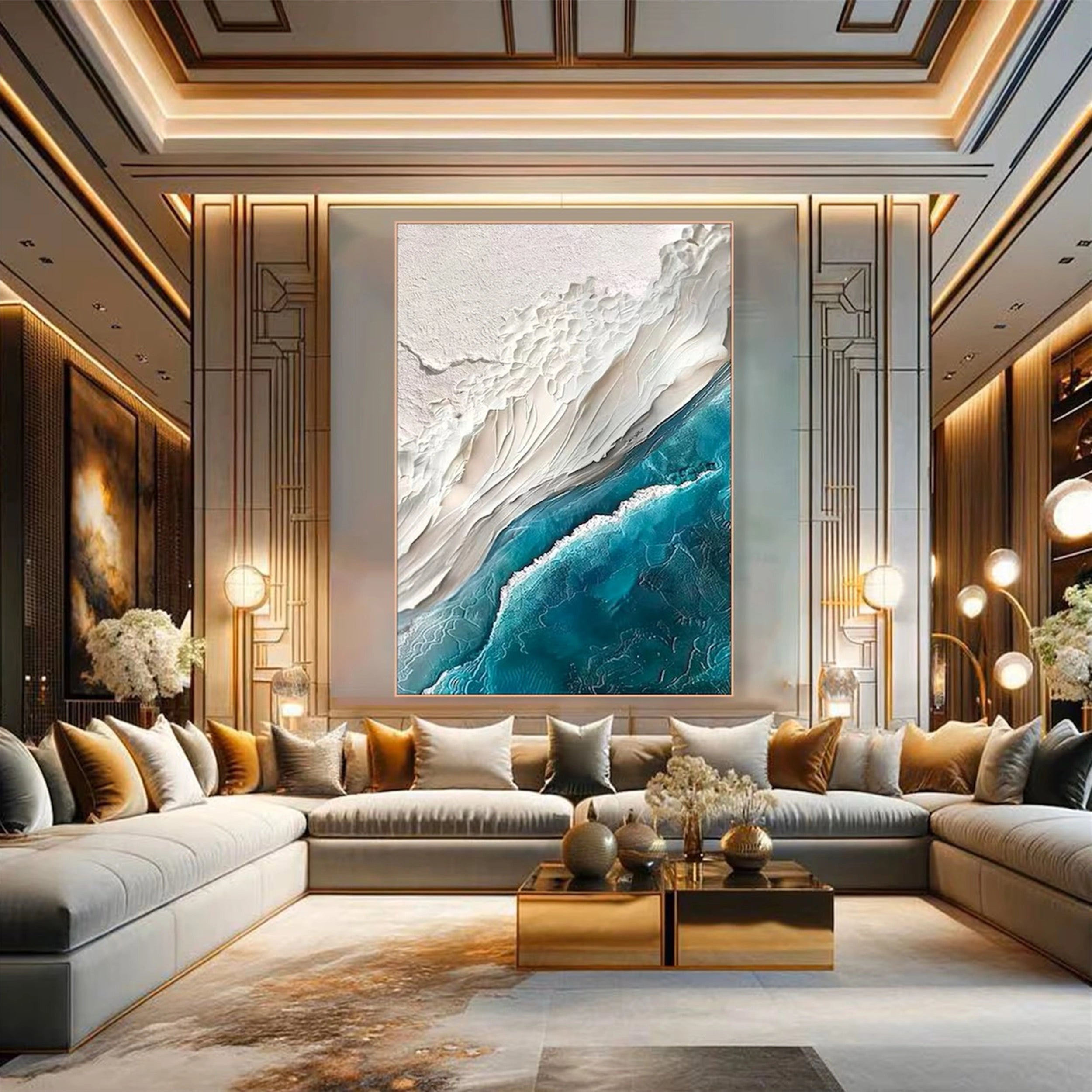 3D Plaster Style Wall Art | Vertical Coastal Ocean Wave Canvas #ZZ 067