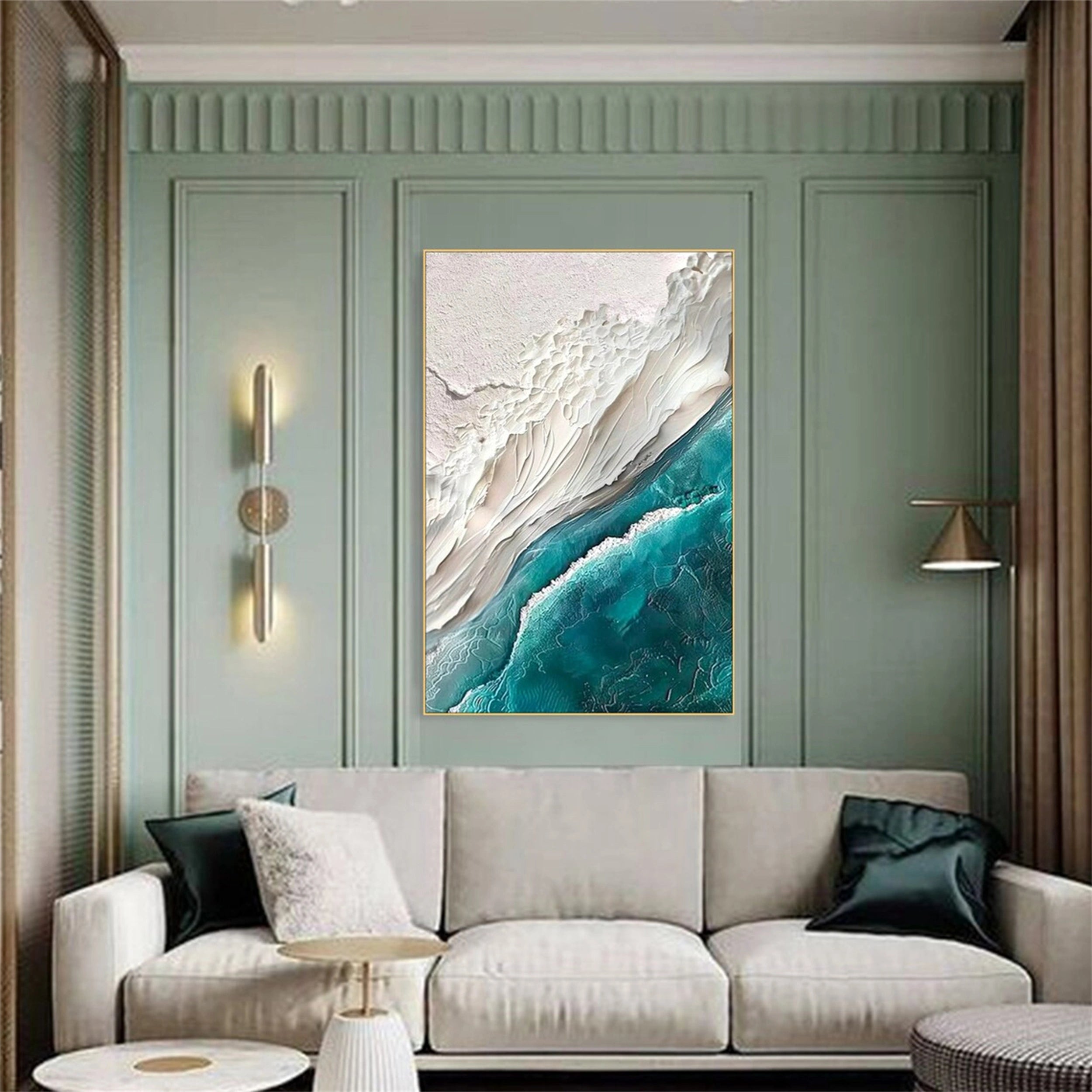3D Plaster Style Wall Art | Vertical Coastal Ocean Wave Canvas #ZZ 067
