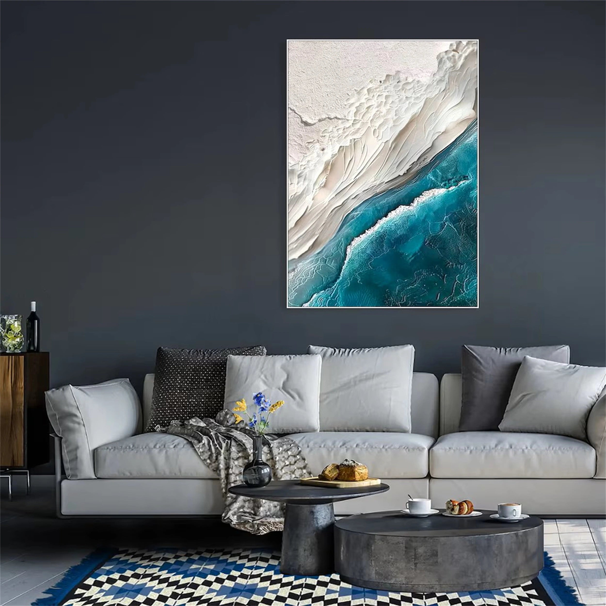 3D Plaster Style Wall Art | Vertical Coastal Ocean Wave Canvas #ZZ 067