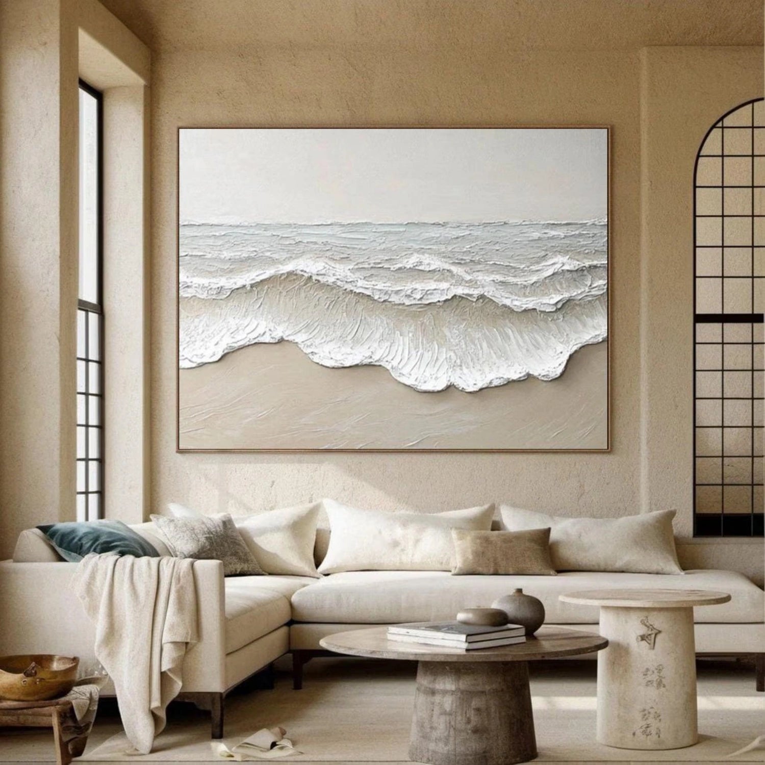 Large Textured Beach Wall Art | Neutral Abstract Ocean Wave