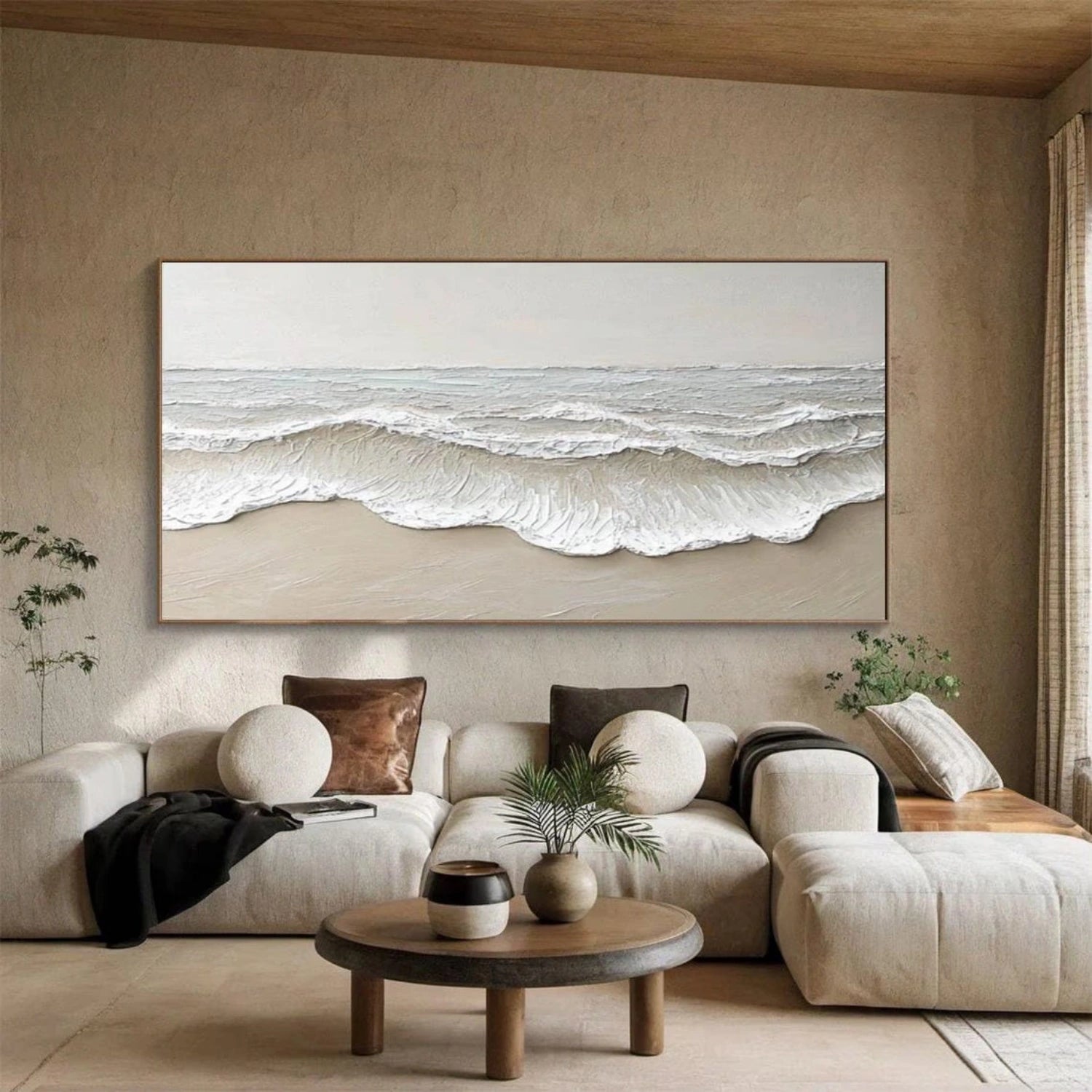 Large Textured Beach Wall Art | Neutral Abstract Ocean Wave Canvas #ZZ