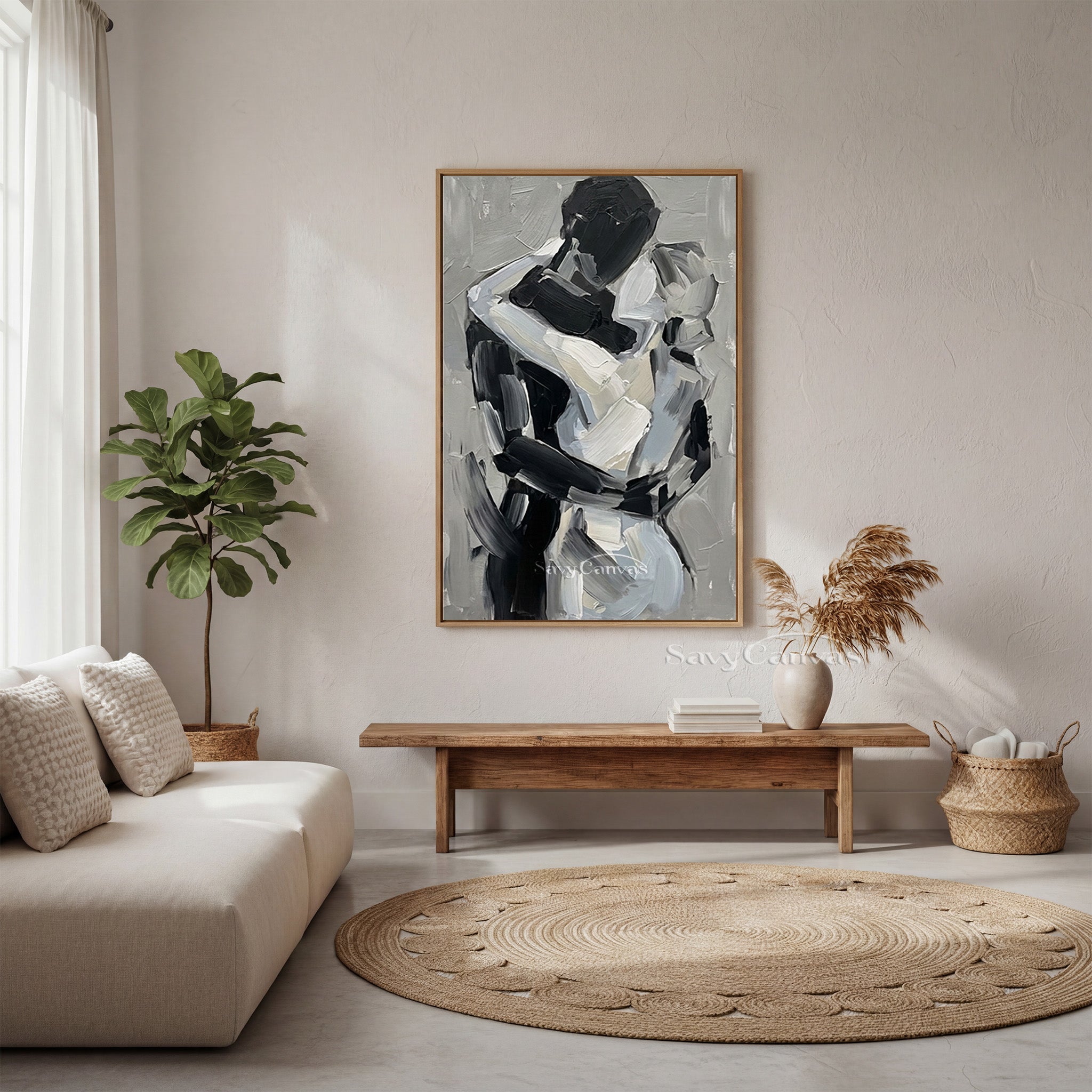 Minimalist Textured Palette Knife Art - Gray & Black Embrace Canvas #SS 157