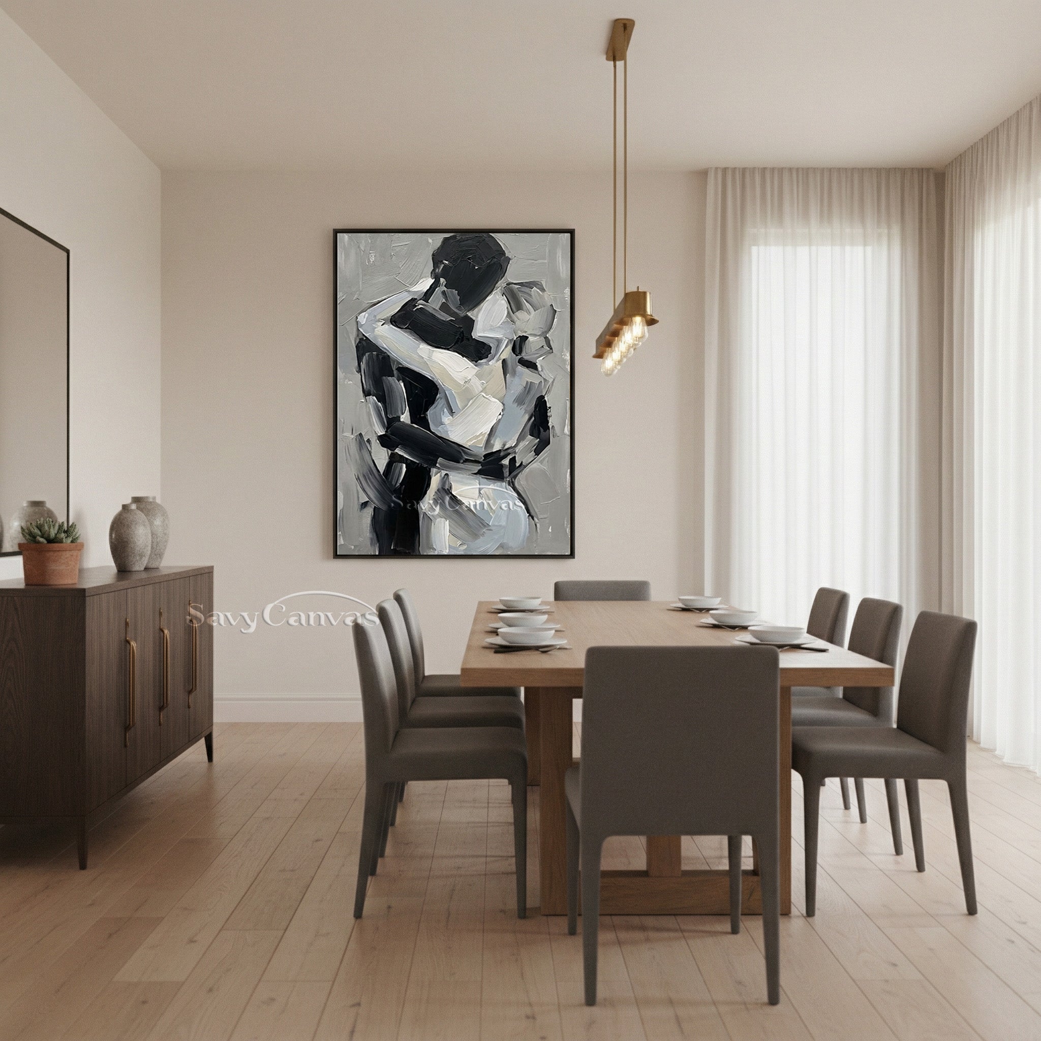 Minimalist Textured Palette Knife Art - Gray & Black Embrace Canvas #SS 157