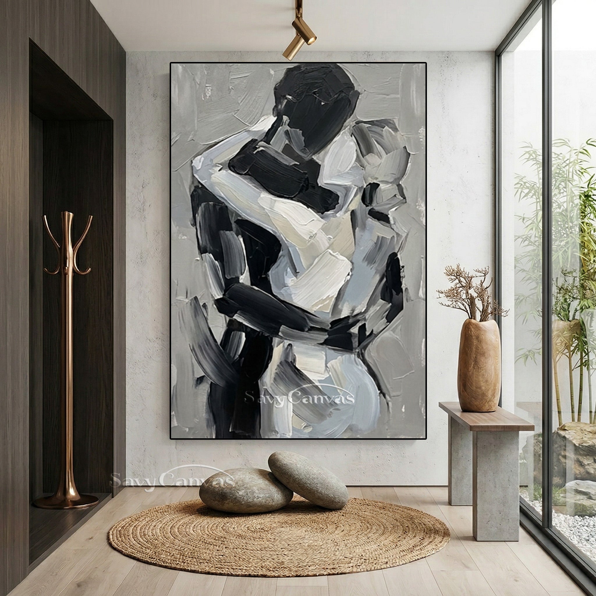 Minimalist Textured Palette Knife Art - Gray & Black Embrace Canvas #SS 157