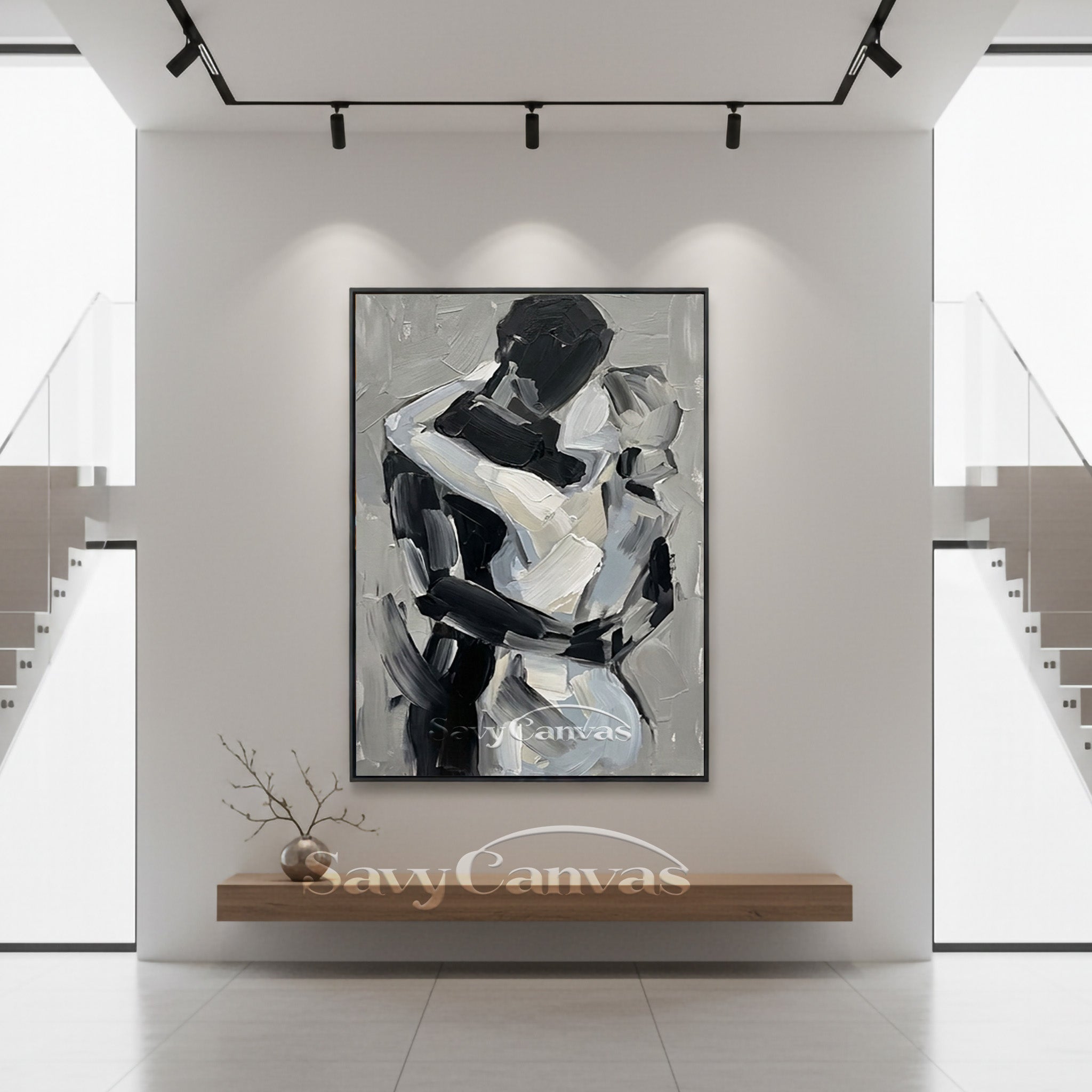 Minimalist Textured Palette Knife Art - Gray & Black Embrace Canvas #SS 157