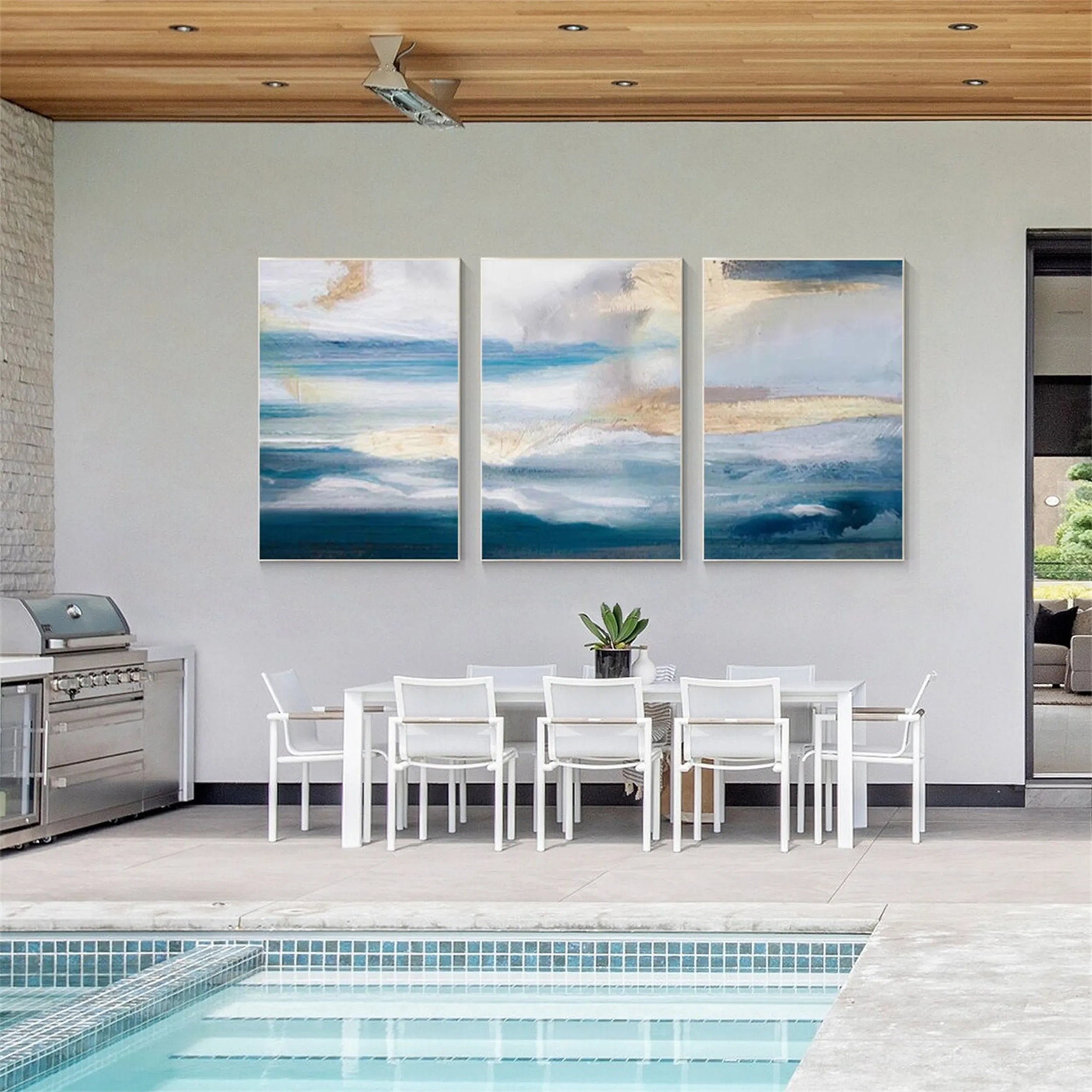 Blue & White Minimalist Ocean -Textured Wall Paintings Abstract  Art #JJ 215