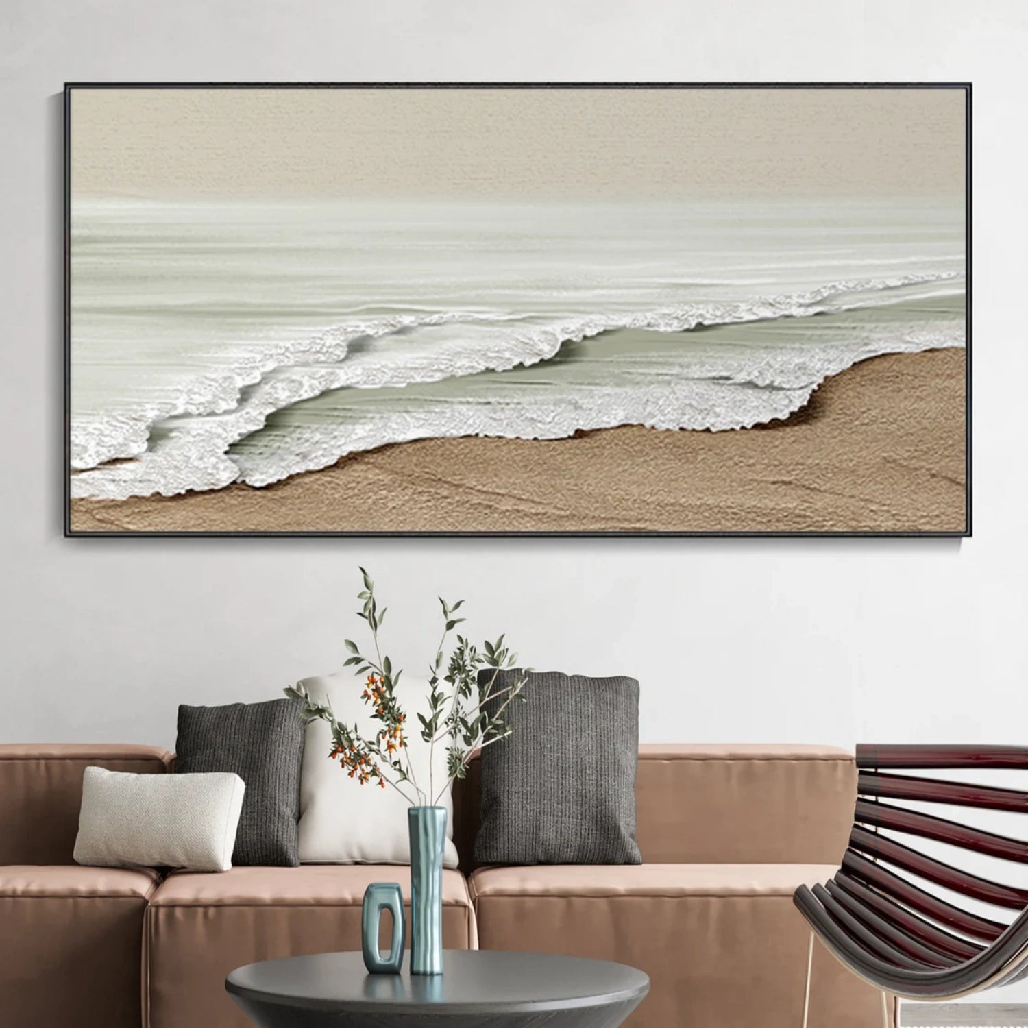 Wide Calm Coastal Sand and Sea Textured Abstract - Beige White Oil Painting #JJ 173