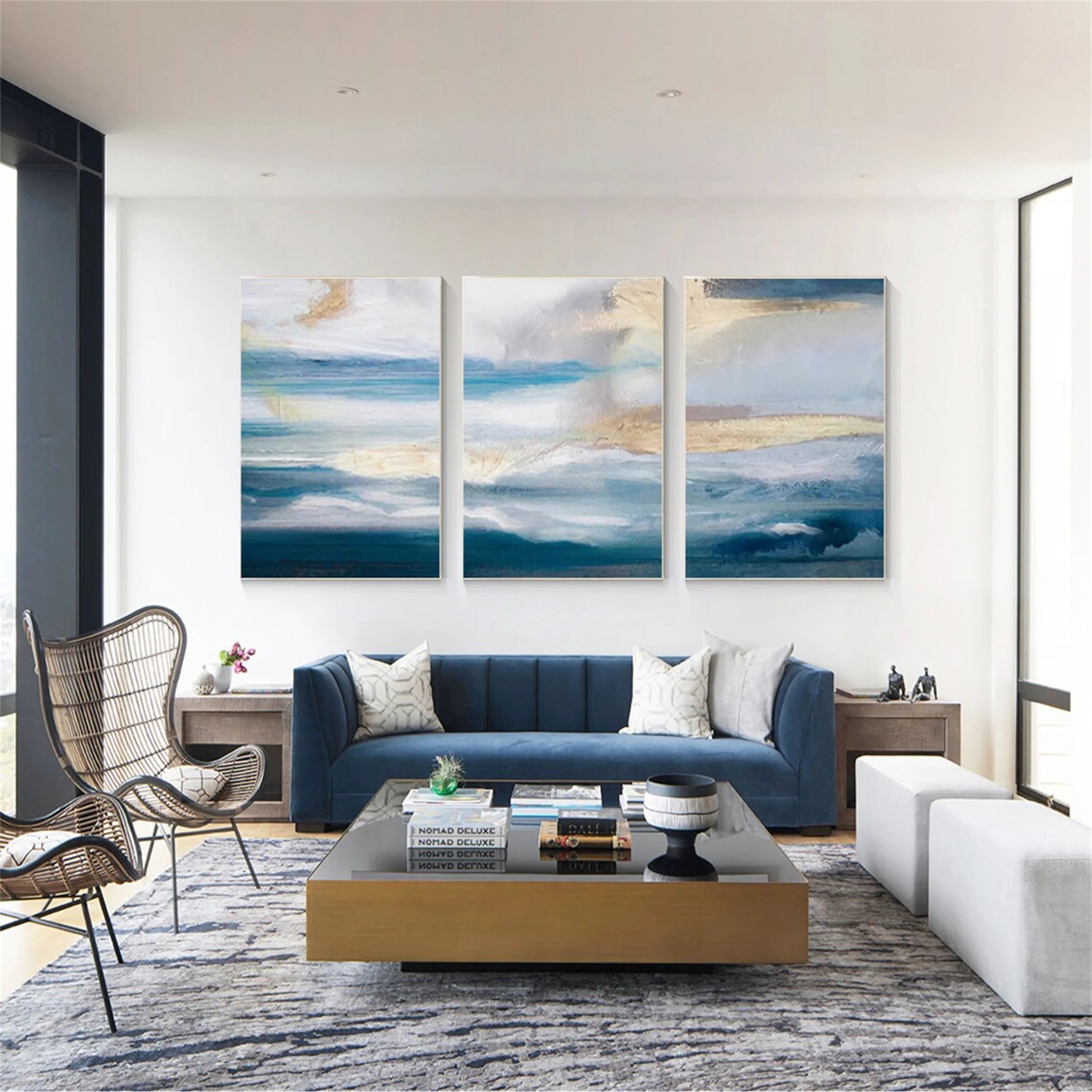 Blue & White Minimalist Ocean -Textured Wall Paintings Abstract  Art #JJ 215