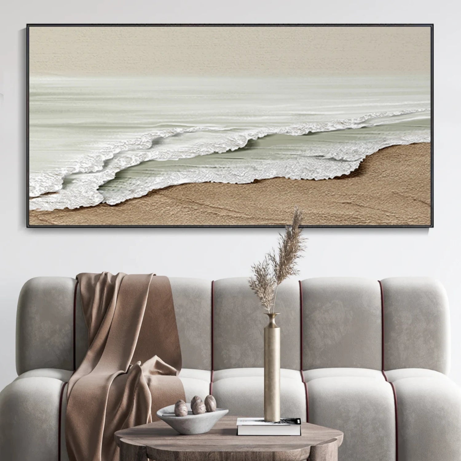 Wide Calm Coastal Sand and Sea Textured Abstract - Beige White Oil Painting #JJ 173