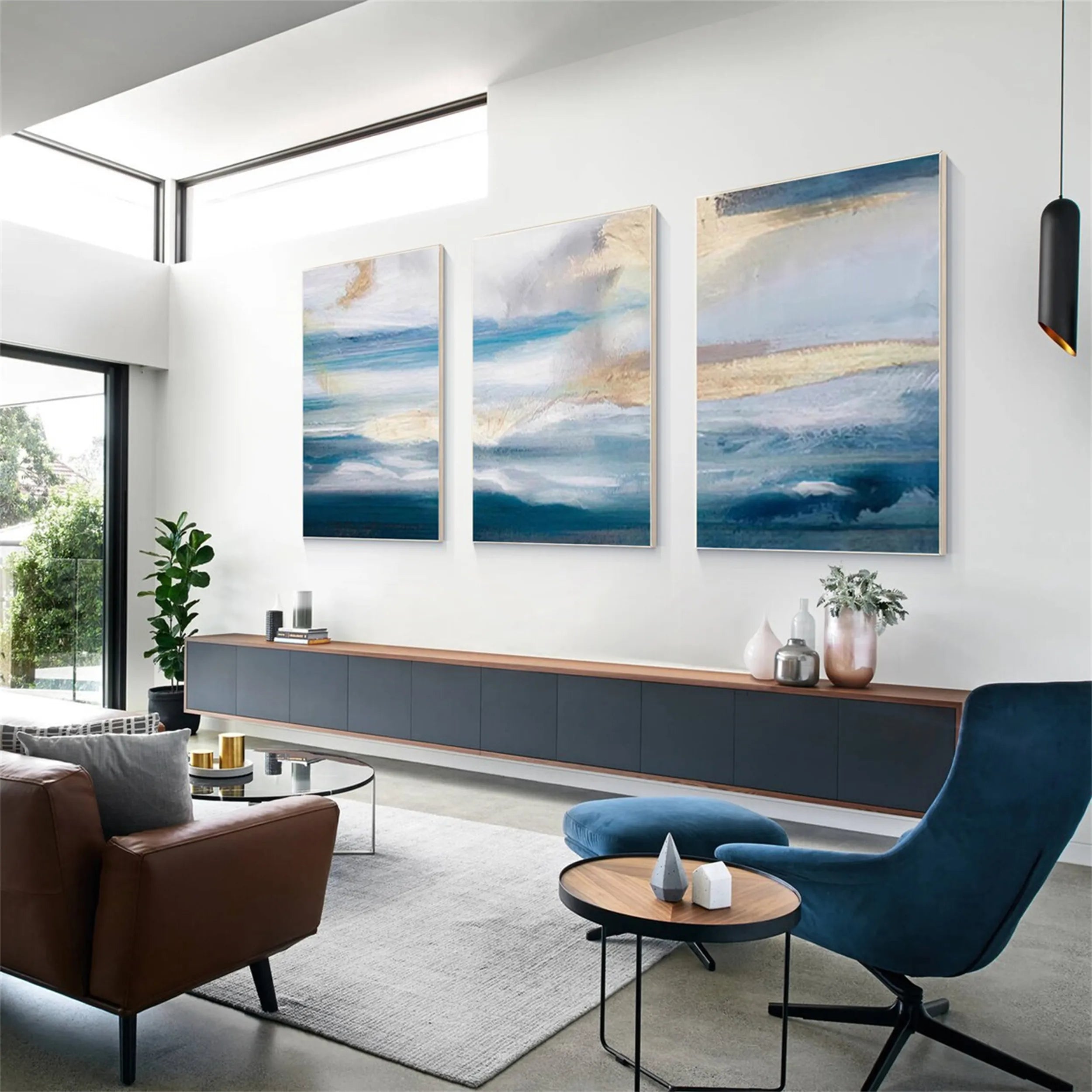 Blue & White Minimalist Ocean -Textured Wall Paintings Abstract  Art #JJ 215