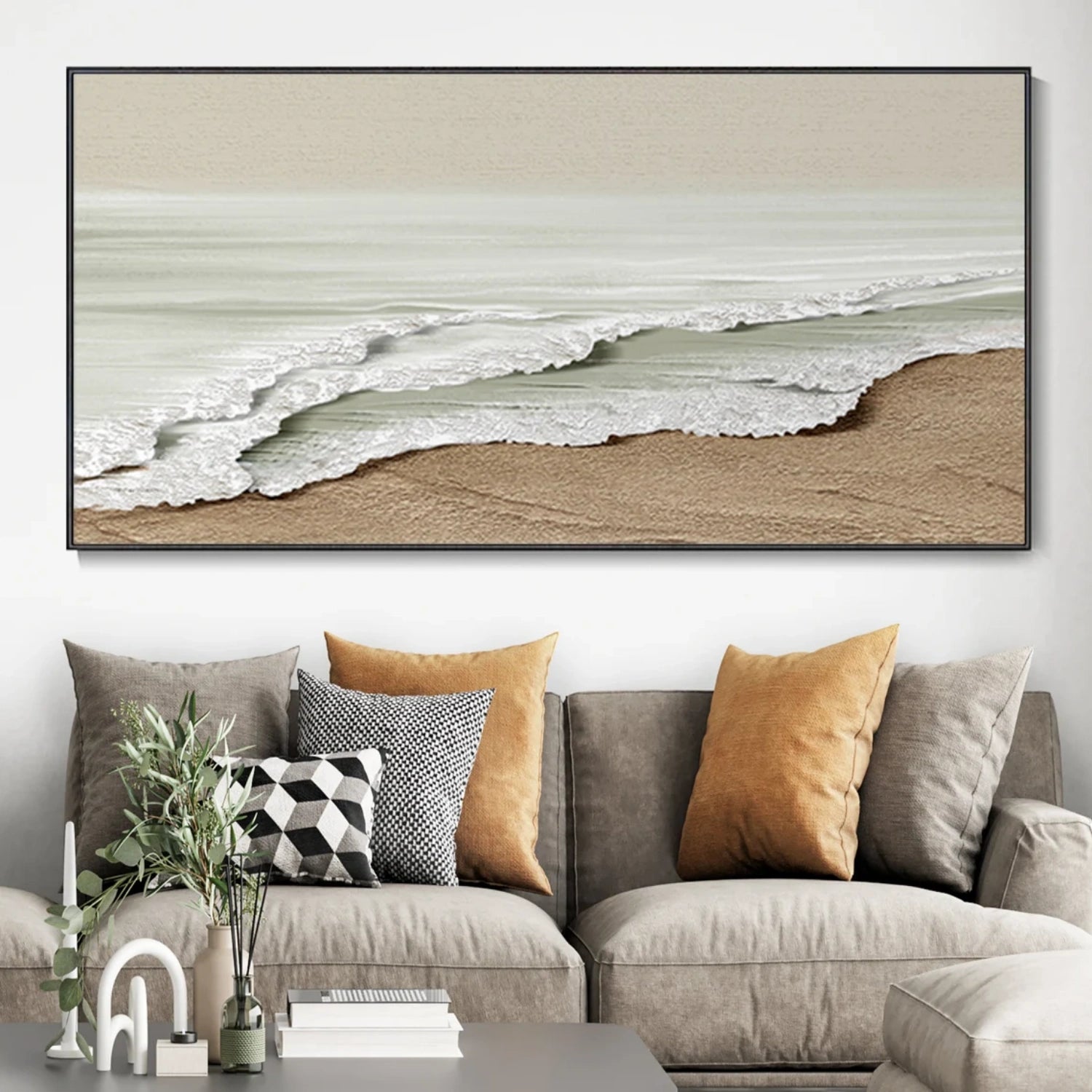 Wide Calm Coastal Sand and Sea Textured Abstract - Beige White Oil Painting #JJ 173