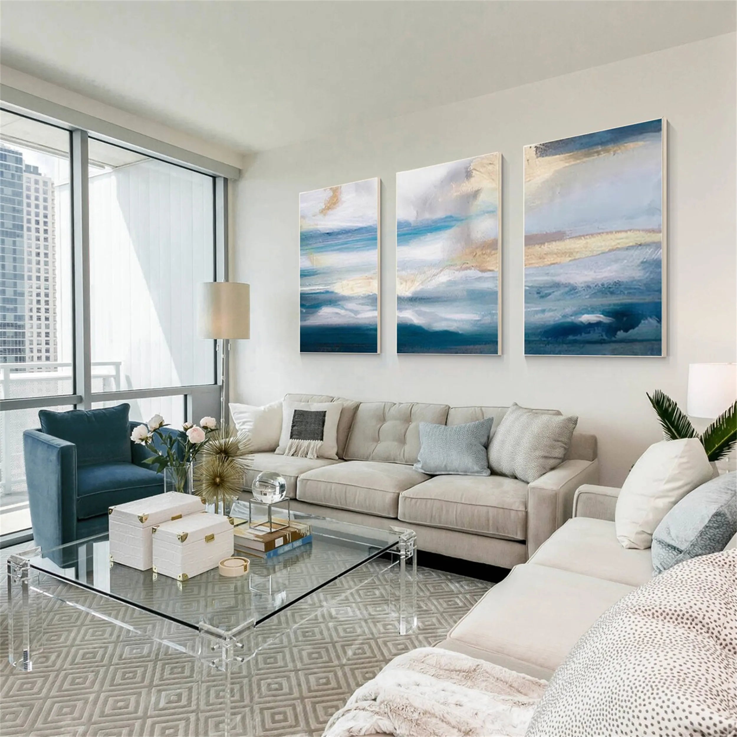 Blue & White Minimalist Ocean -Textured Wall Paintings Abstract  Art #JJ 215