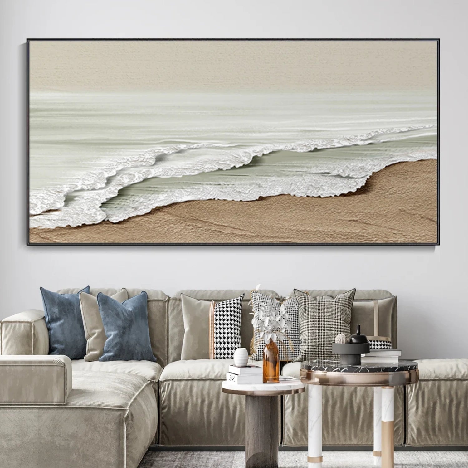 Modern Panoramic Neutral Beach Seascape Textured Abstract Oil Painting - Nature Art
