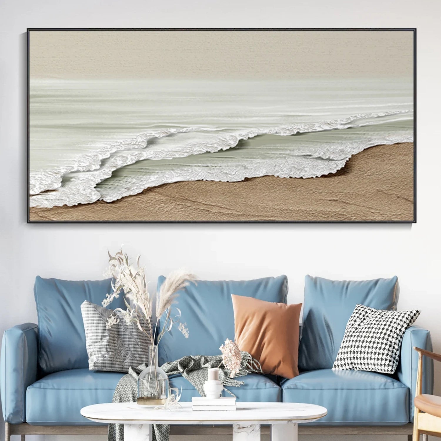 Wide Calm Coastal Sand and Sea Textured Abstract - Beige White Oil Painting #JJ 173