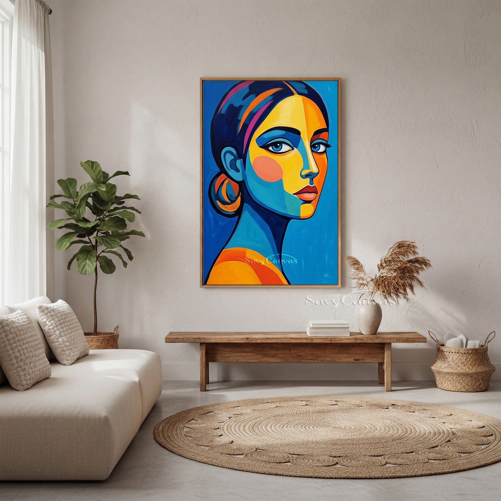 Modern Pop Art Woman Portrait Canvas | Bold Blue & Yellow Wall Art #SS 158