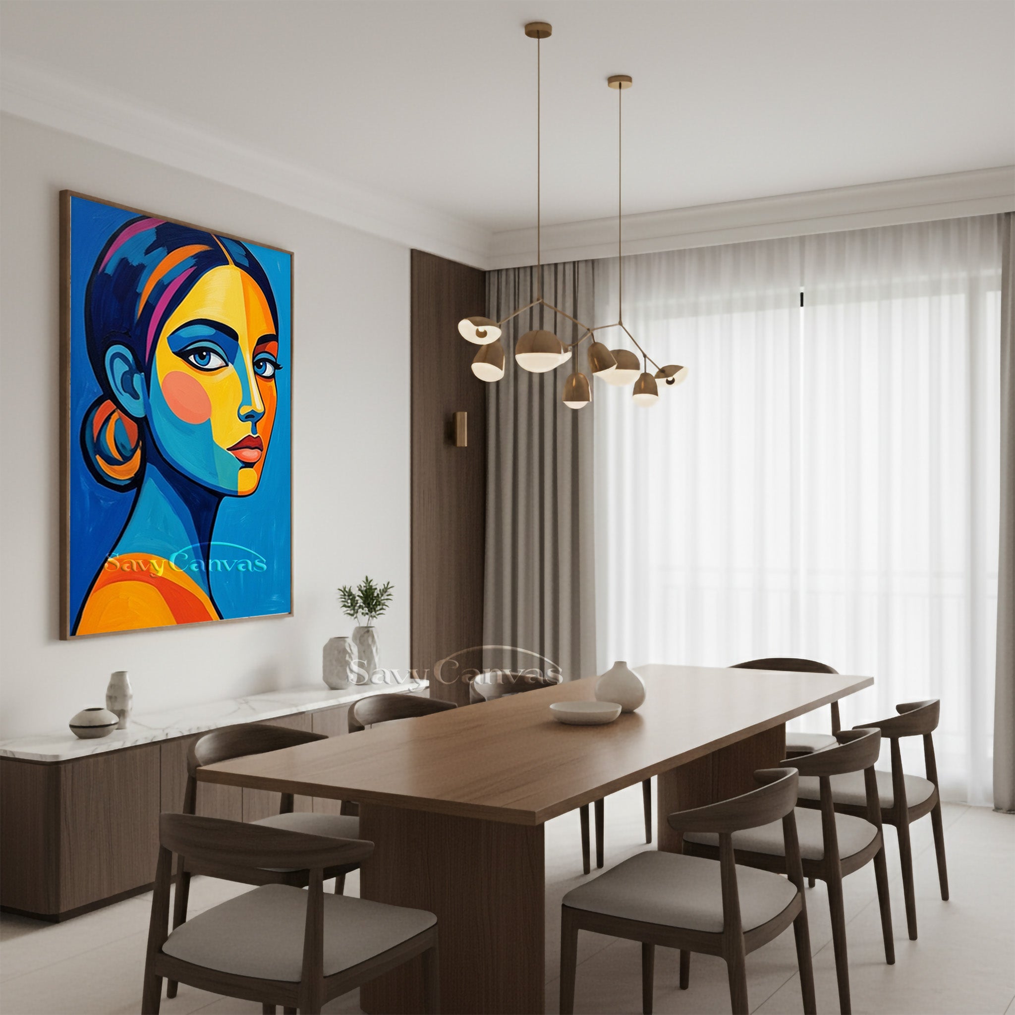 Modern Pop Art Woman Portrait Canvas | Bold Blue & Yellow Wall Art #SS 158