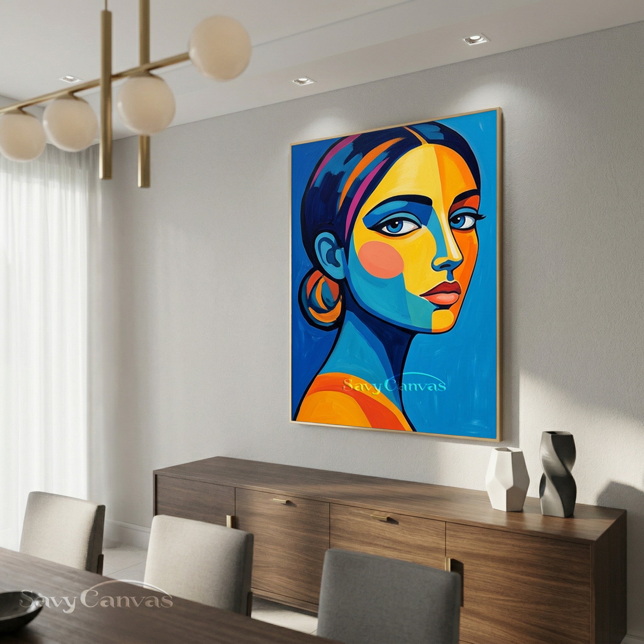 Modern Pop Art Woman Portrait Canvas | Bold Blue & Yellow Wall Art #SS 158