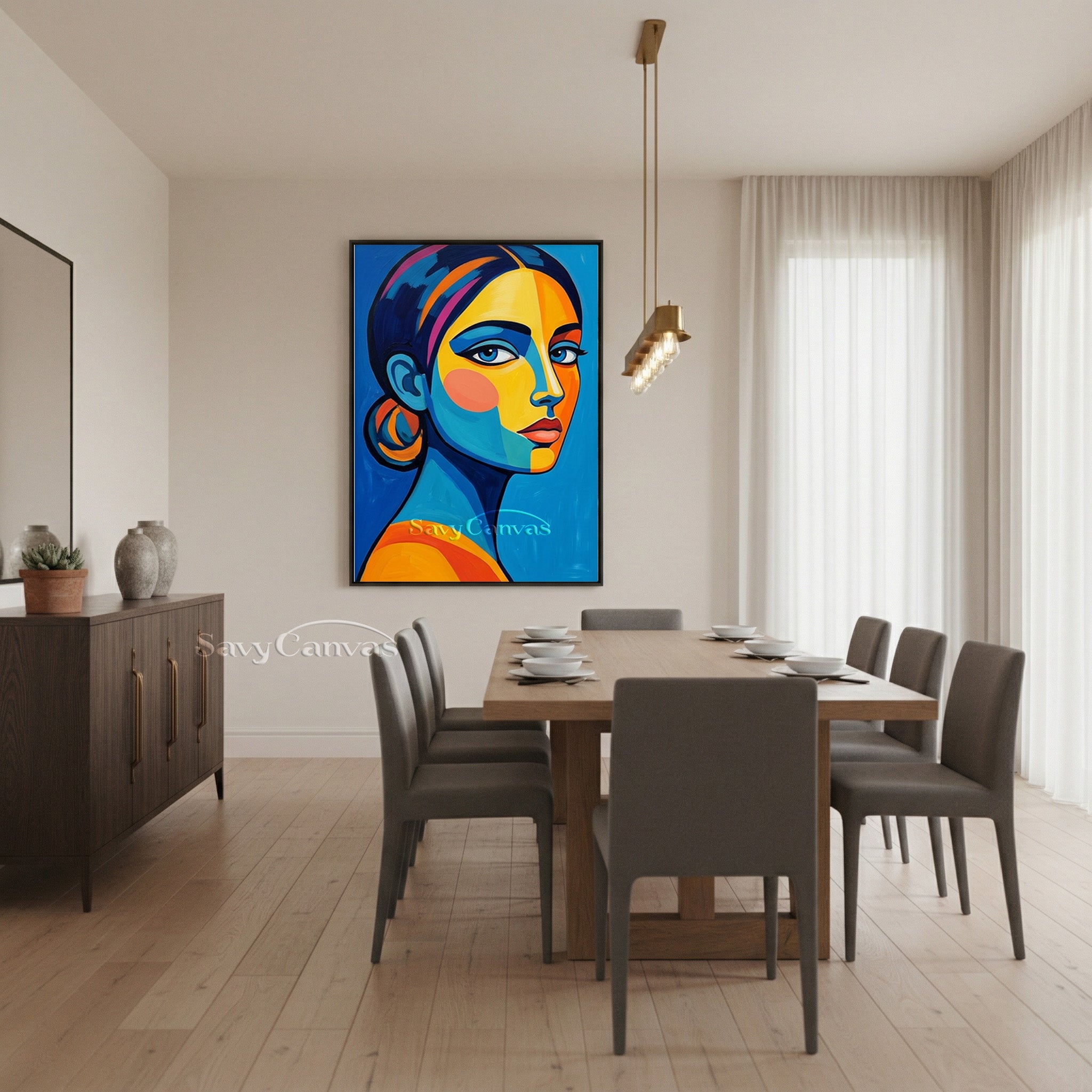 Modern Pop Art Woman Portrait Canvas | Bold Blue & Yellow Wall Art #SS 158