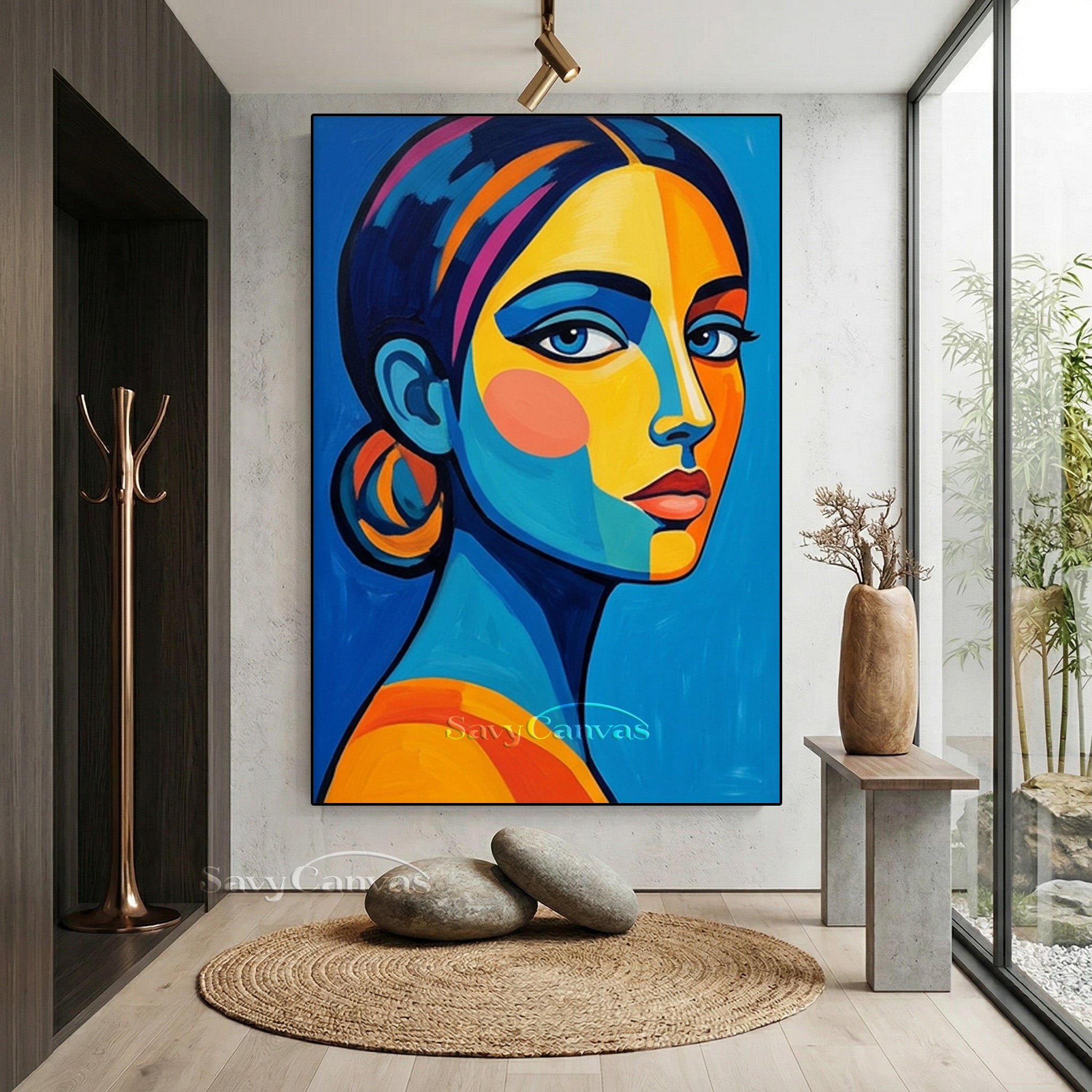 Modern Pop Art Woman Portrait Canvas | Bold Blue & Yellow Wall Art #SS 158