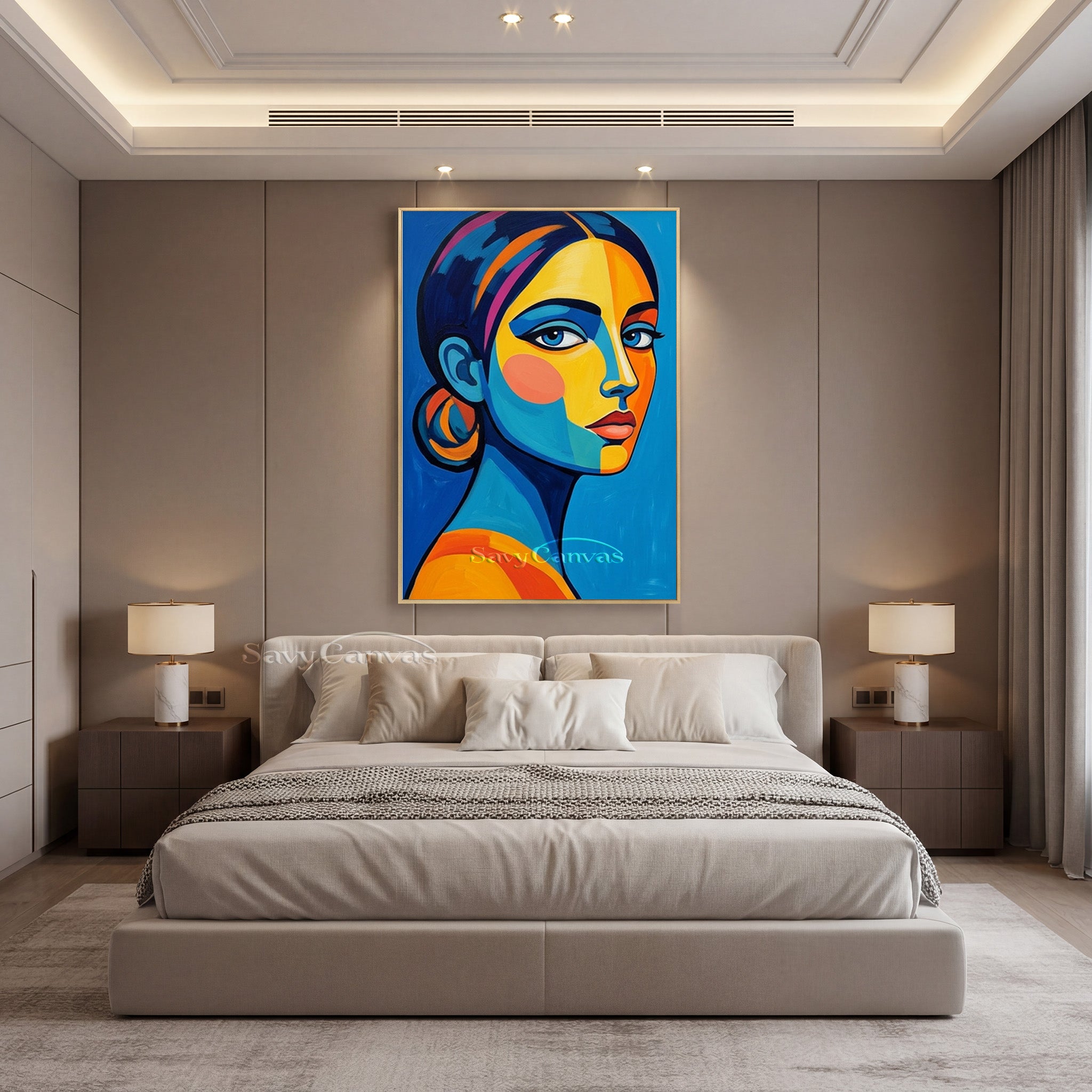 Modern Pop Art Woman Portrait Canvas | Bold Blue & Yellow Wall Art #SS 158