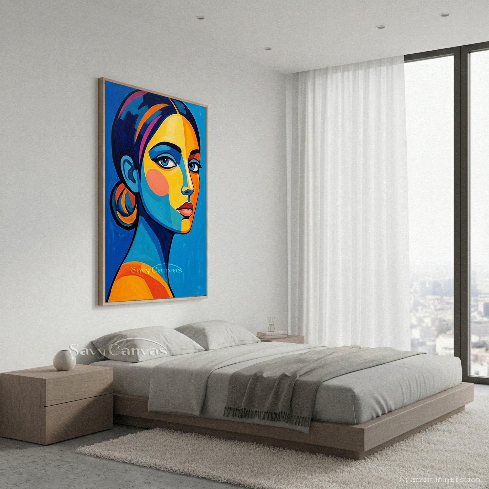 Modern Pop Art Woman Portrait Canvas | Bold Blue & Yellow Wall Art #SS 158