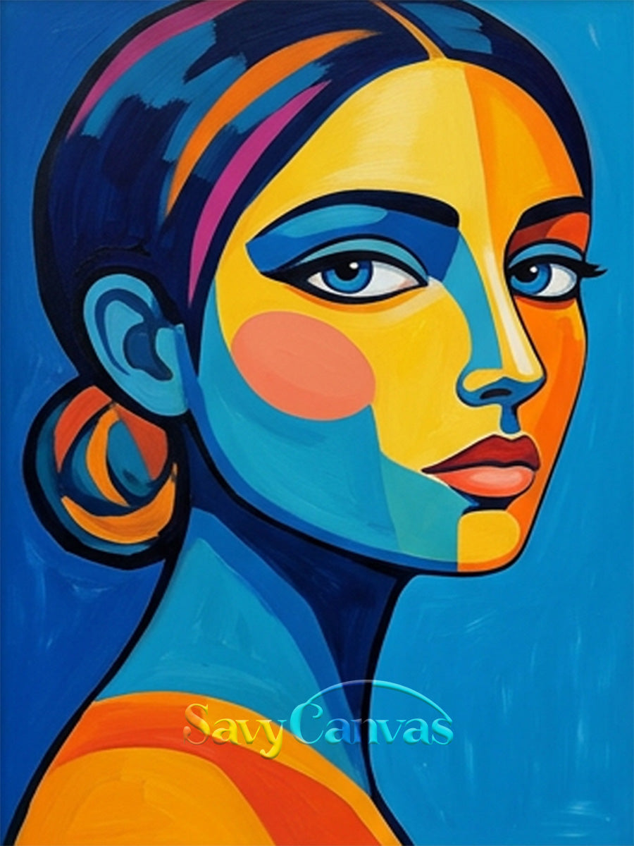 Modern Pop Art Woman Portrait Canvas | Bold Blue & Yellow Wall Art #SS 158