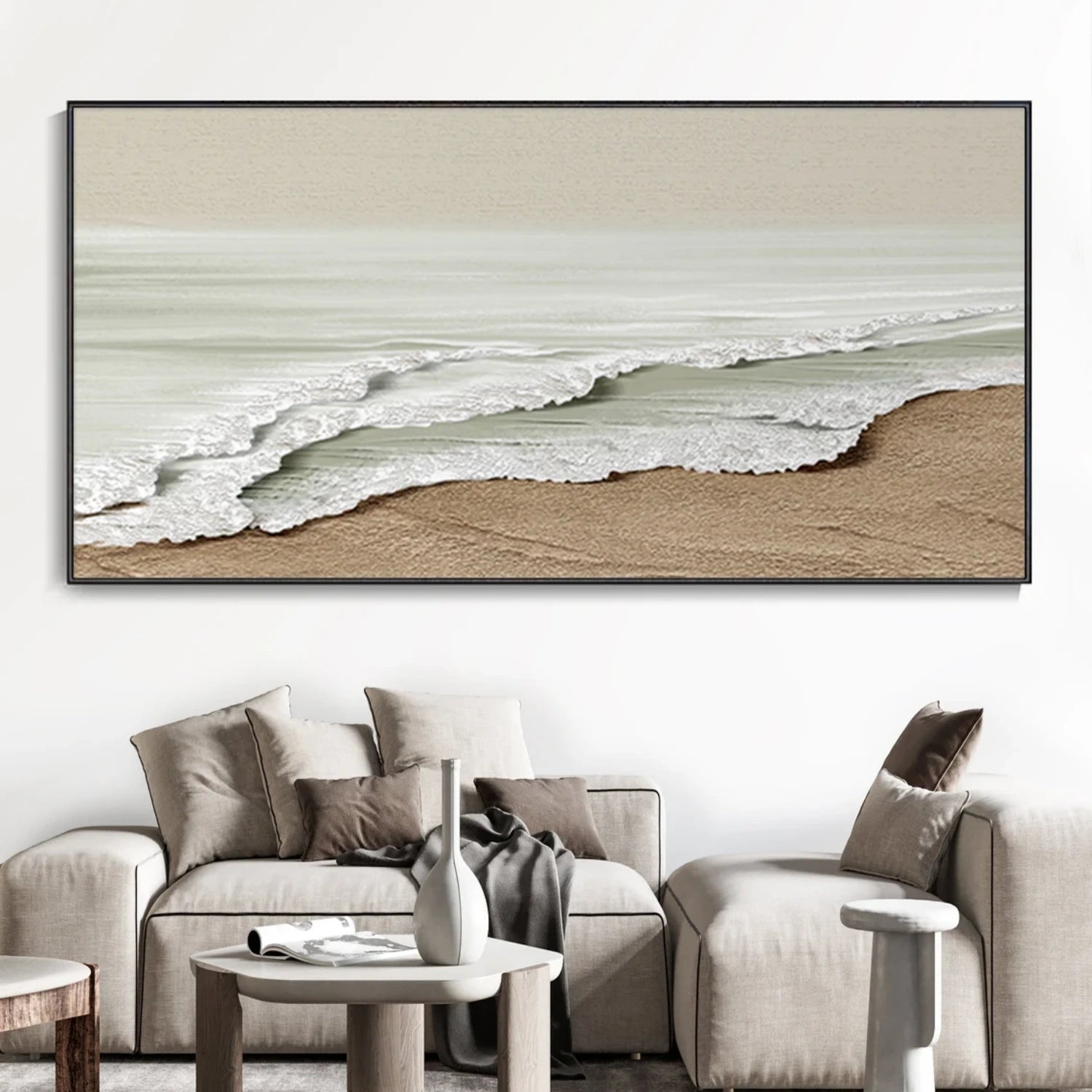 Wide Calm Coastal Sand and Sea Textured Abstract - Beige White Oil Painting #JJ 173