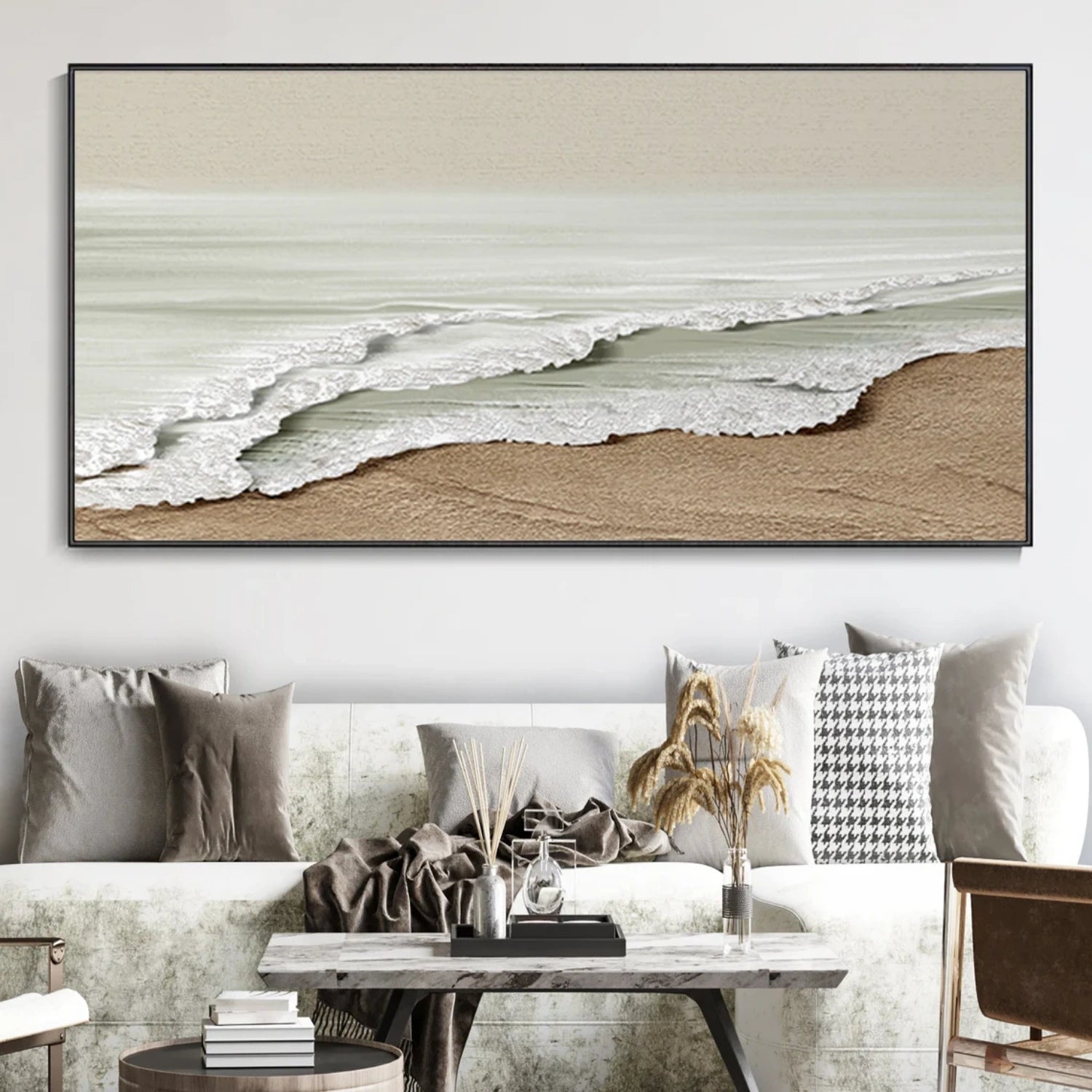 Wide Calm Coastal Sand and Sea Textured Abstract - Beige White Oil Painting #JJ 173