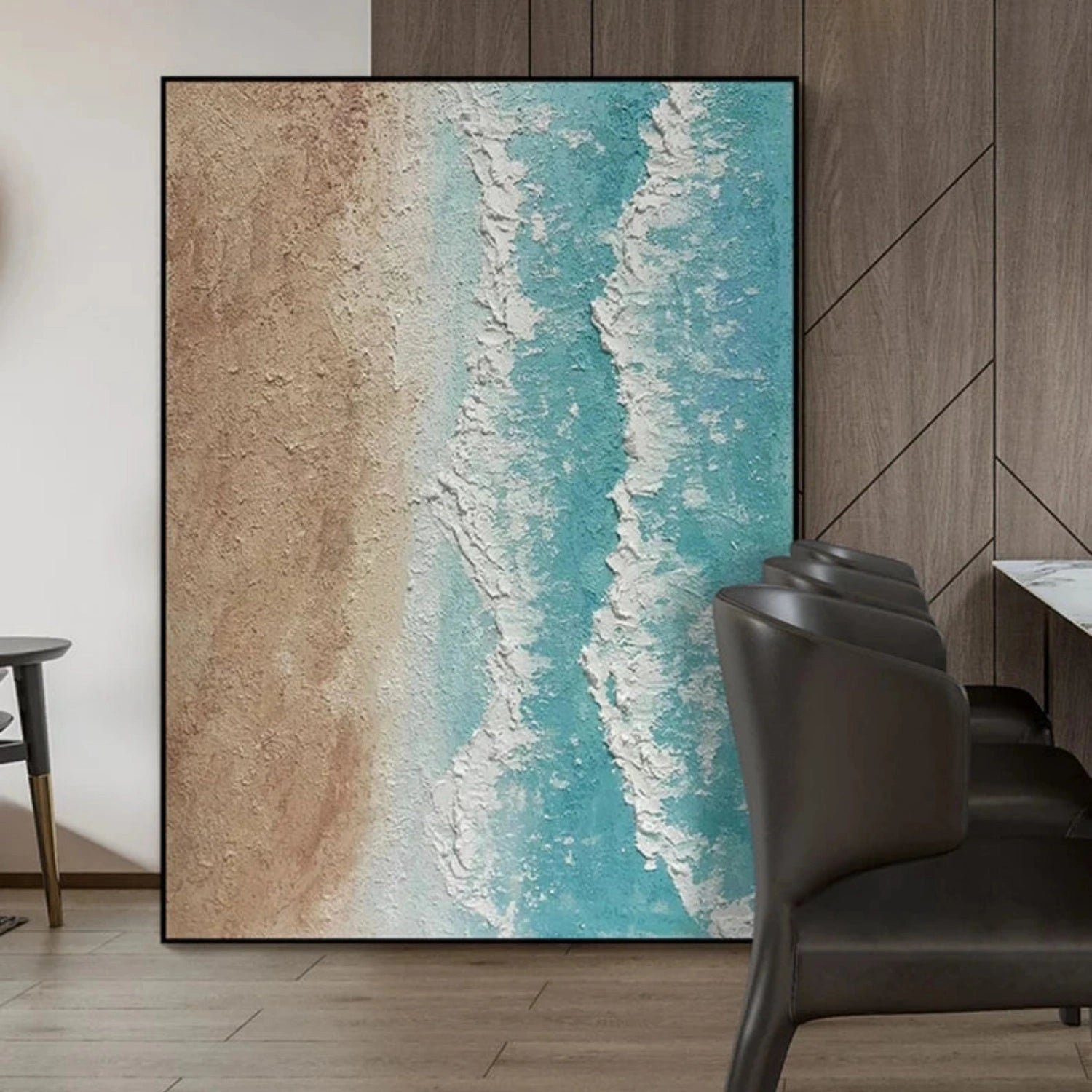 Textured Beige Blue White Beach Abstract Art - Modern Serene Decor