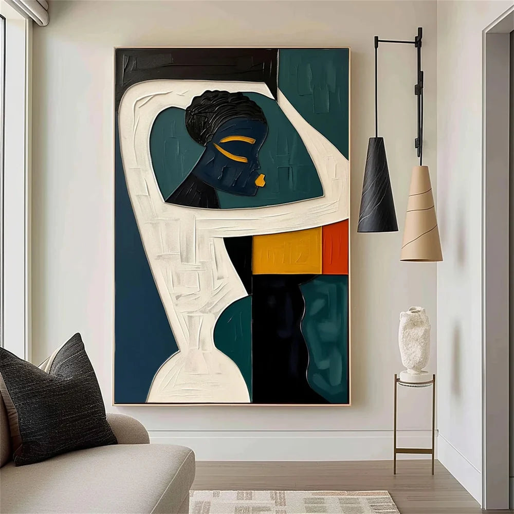 Vertical African Inspired Abstract Woman Oil Painting - Modern Cultural Art  #JJ 052