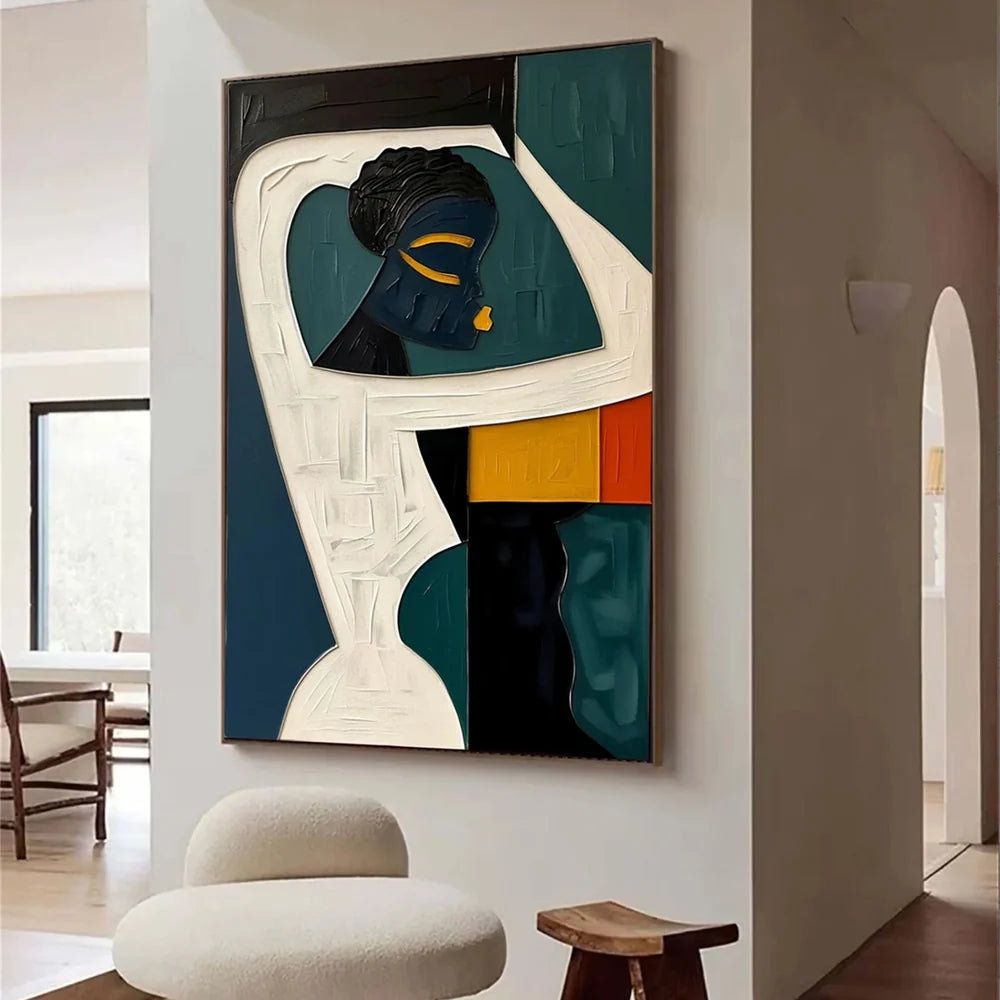 Vertical African Inspired Abstract Woman Oil Painting - Modern Cultural Art  #JJ 052