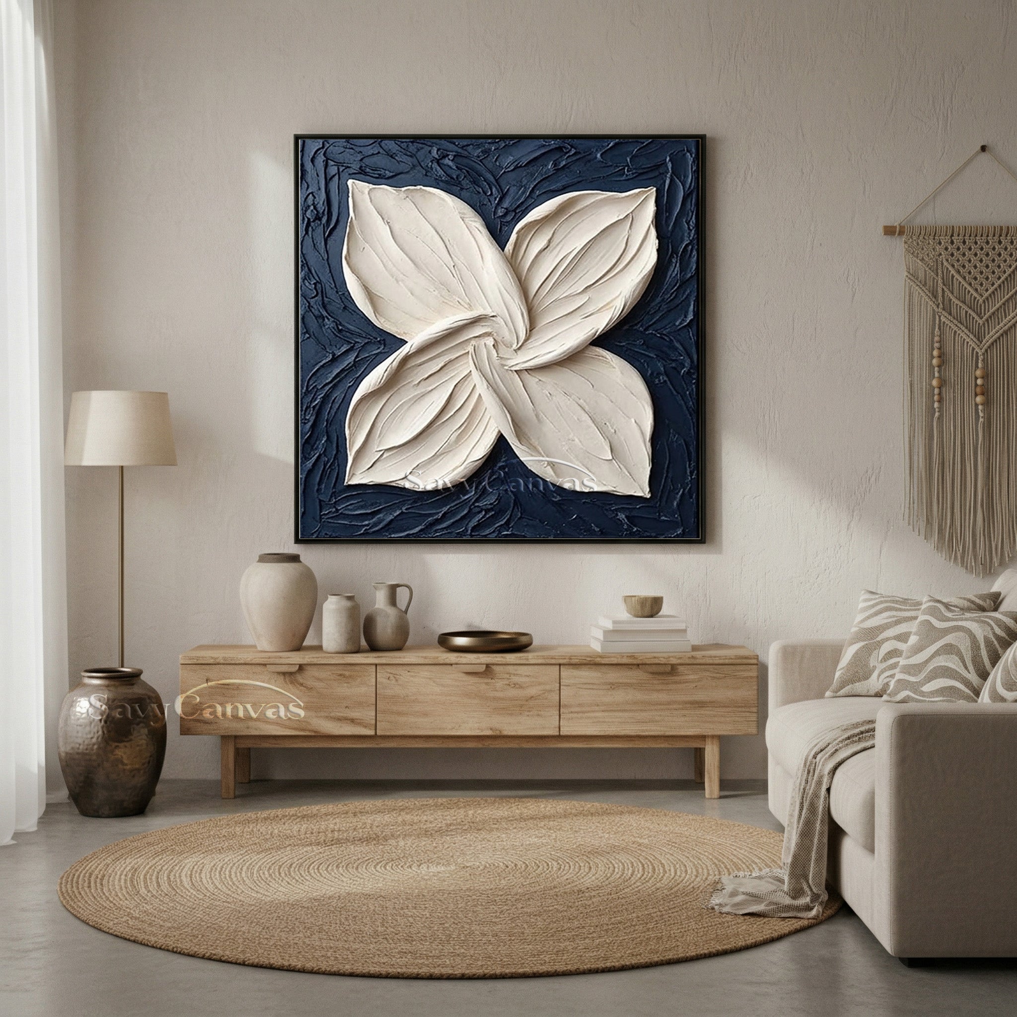 3D White Flower Petal Oil Painting | Navy Blue Textured Wall Art #SS 131