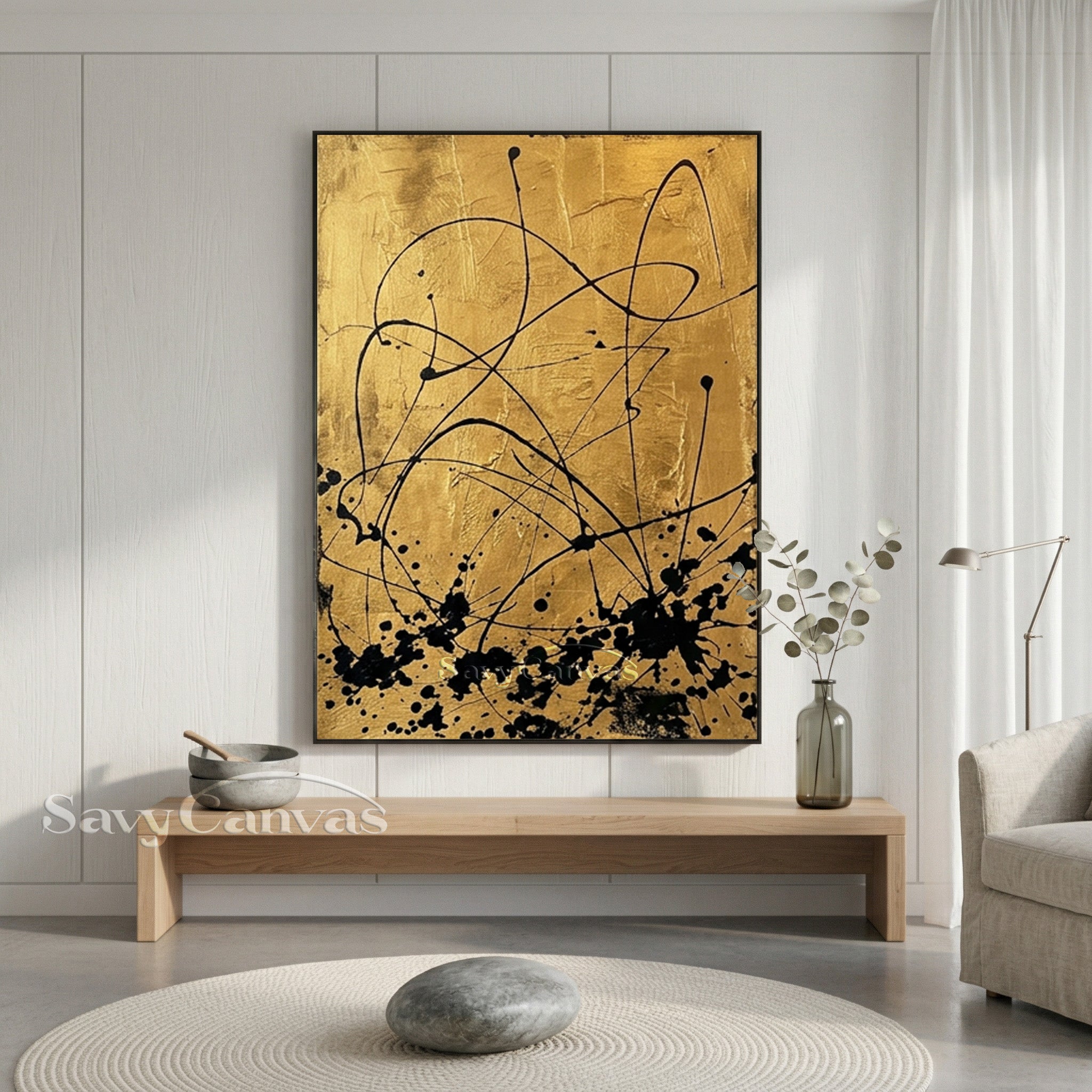 Modern Luxury Gold and Black Abstract Wall Art Canvas Print #AA 522