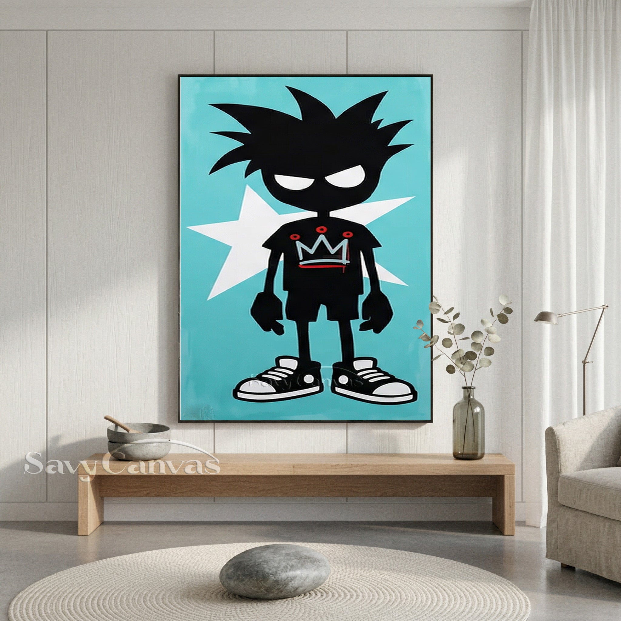 Urban Street Art Boy with Crown | Teal Graffiti Canvas Painting #SS 095