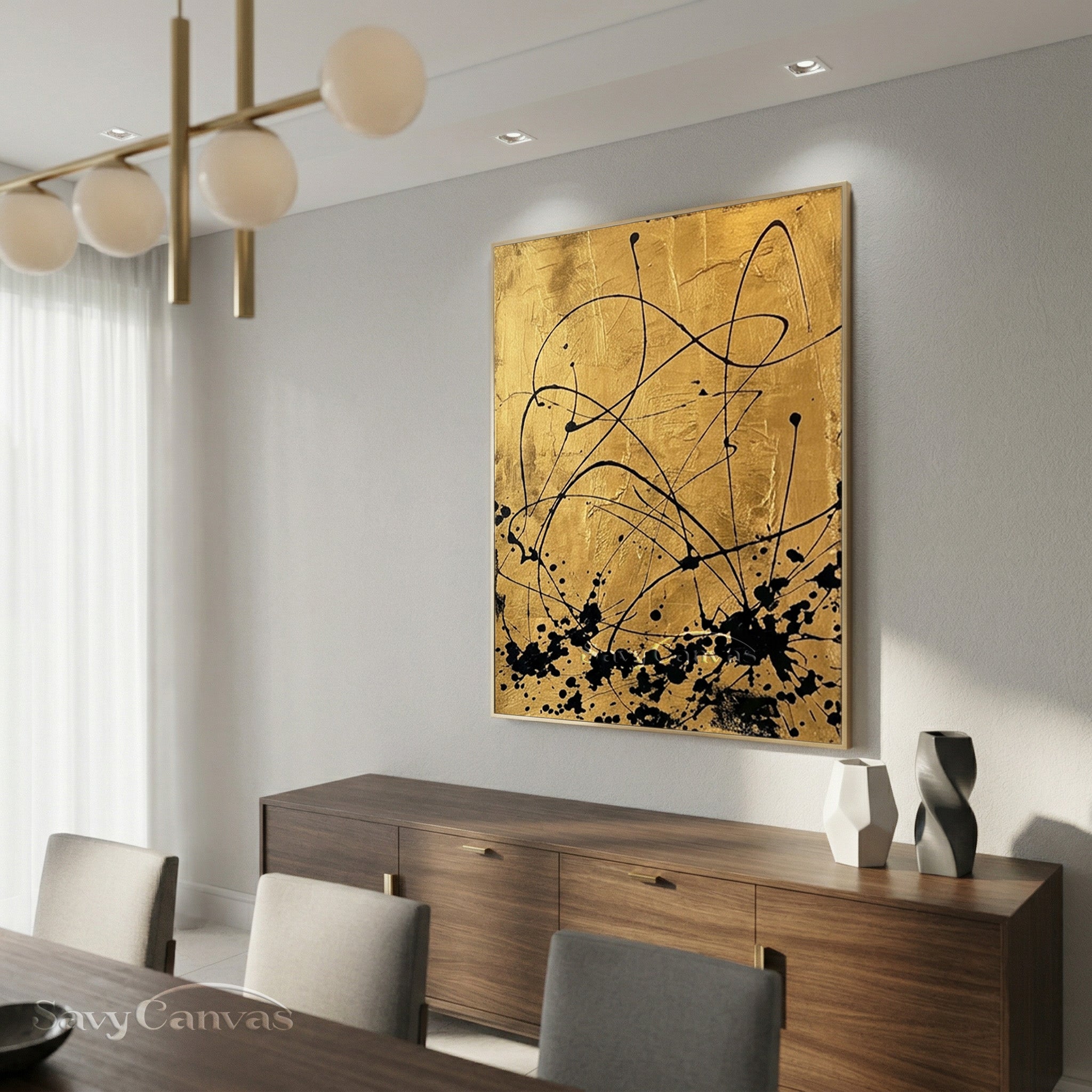 Modern Luxury Gold and Black Abstract Wall Art Canvas Print #AA 522
