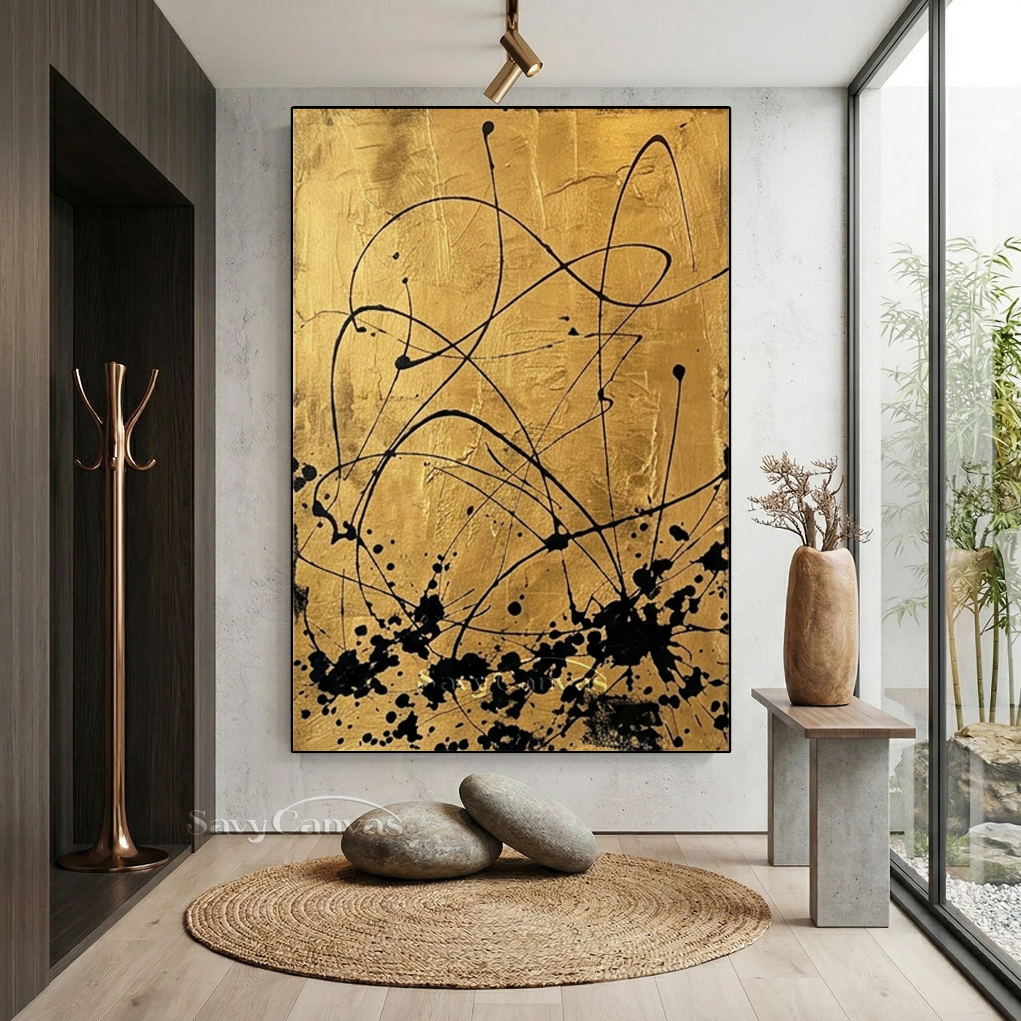 Modern Luxury Gold and Black Abstract Wall Art Canvas Print #AA 522