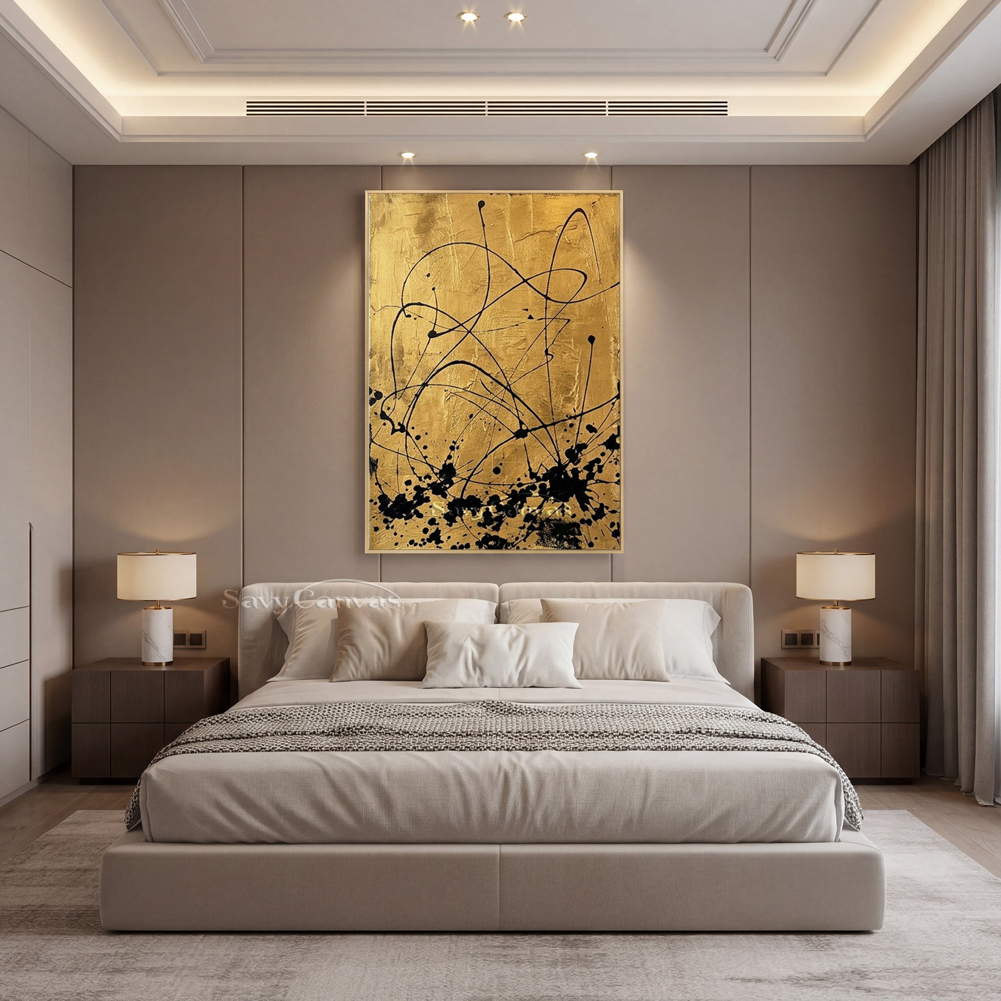 Modern Luxury Gold and Black Abstract Wall Art Canvas Print #AA 522