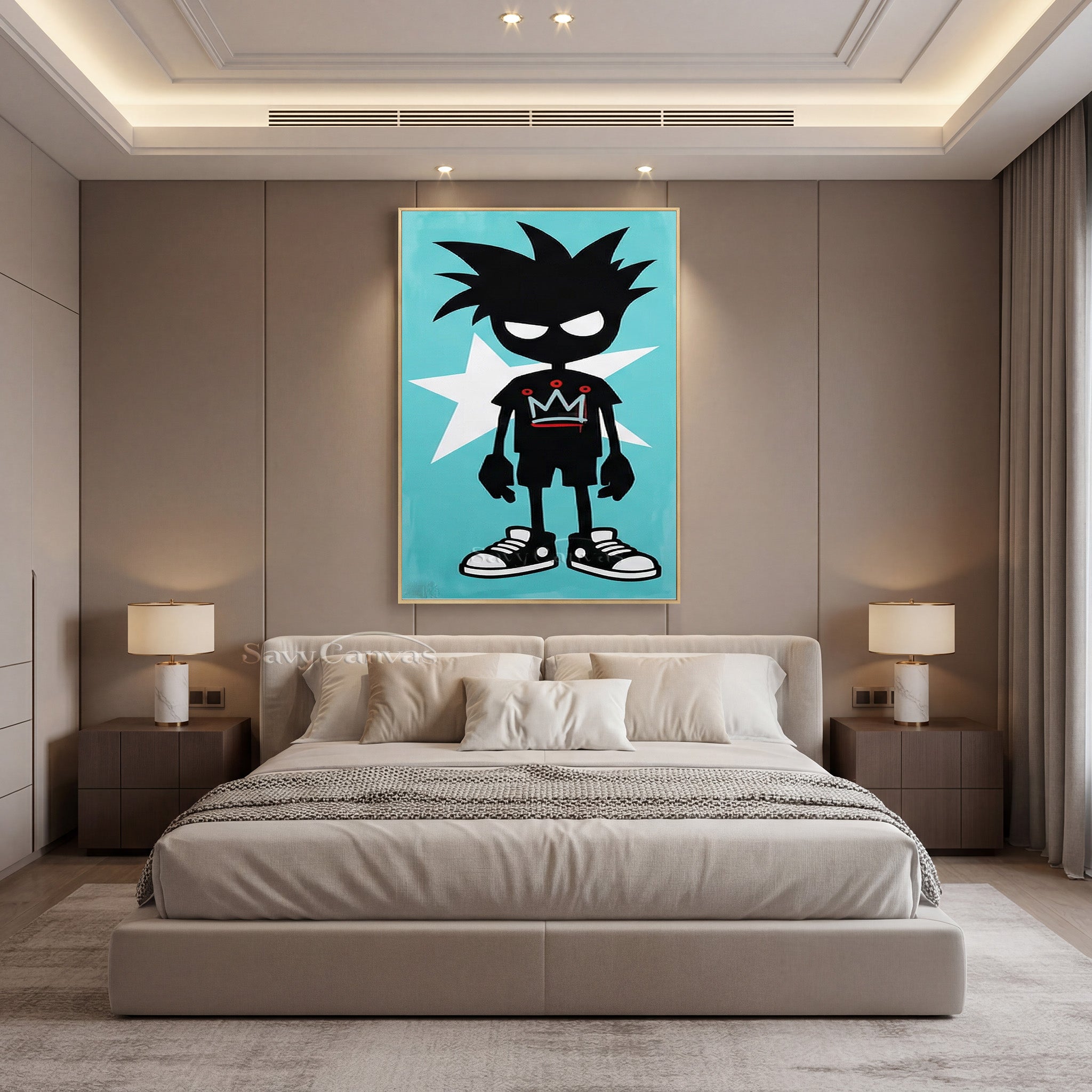 Urban Street Art Boy with Crown | Teal Graffiti Canvas Painting #SS 095