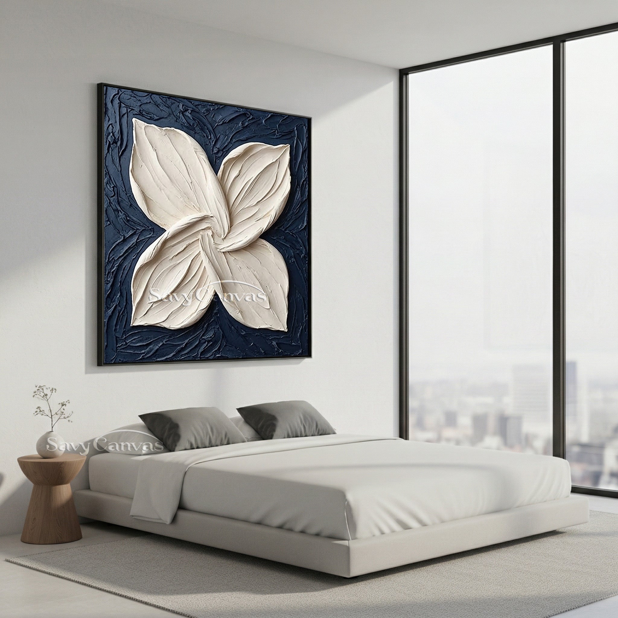 3D White Flower Petal Oil Painting | Navy Blue Textured Wall Art #SS 131