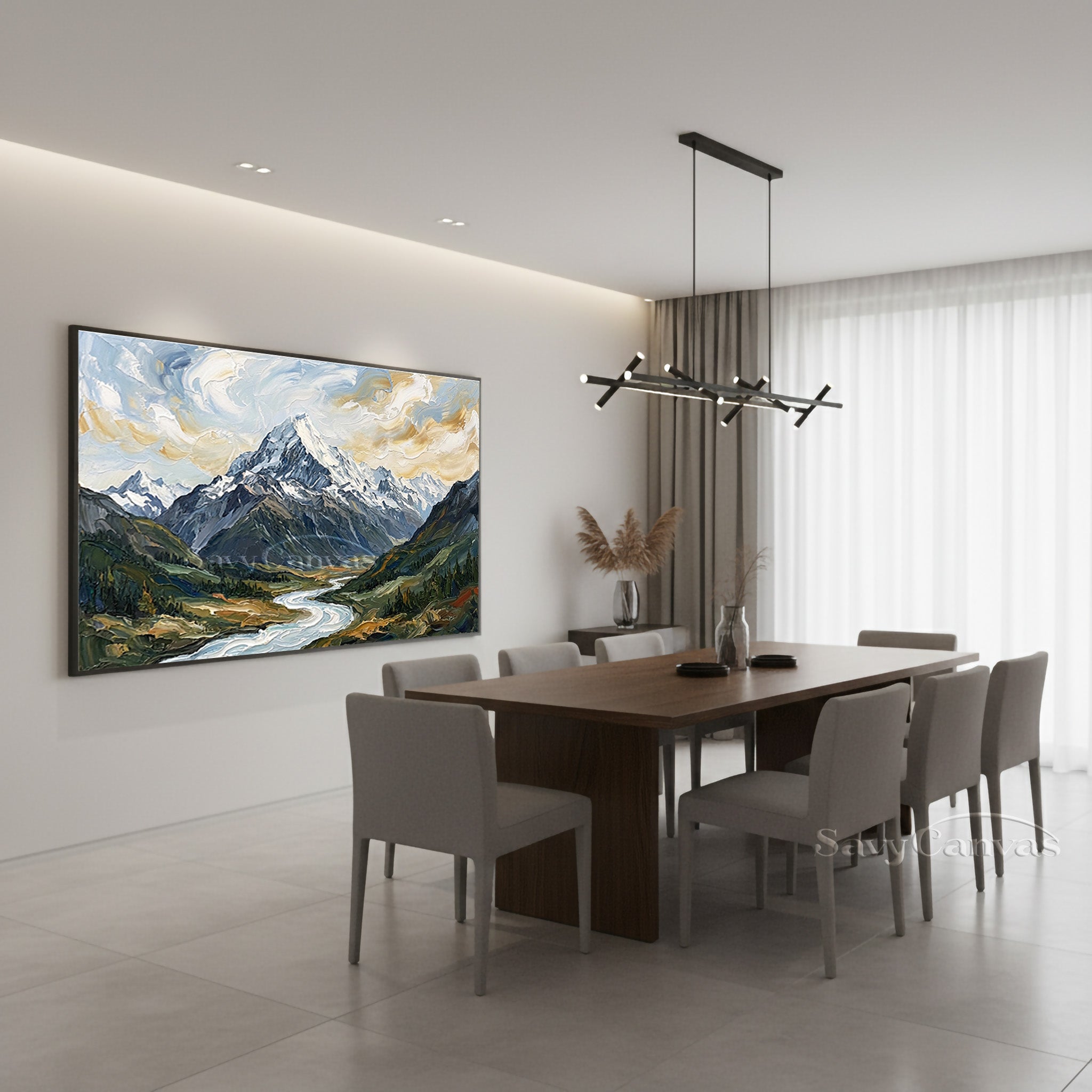 Snow Mountain & Winding River Impasto Oil Painting Wall Art #SS 033