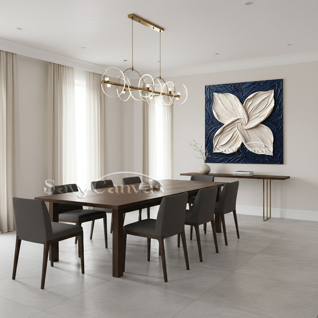 3D White Flower Petal Oil Painting | Navy Blue Textured Wall Art #SS 131