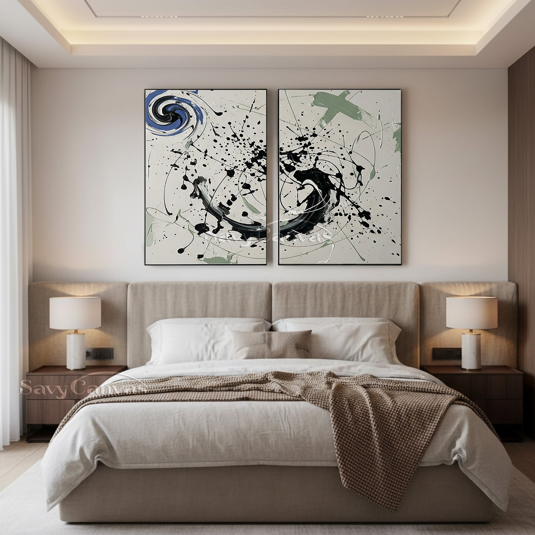 A pair of modern abstract paintings with teal, green, and gold accents, perfectly coordinated with minimalist living room furniture.