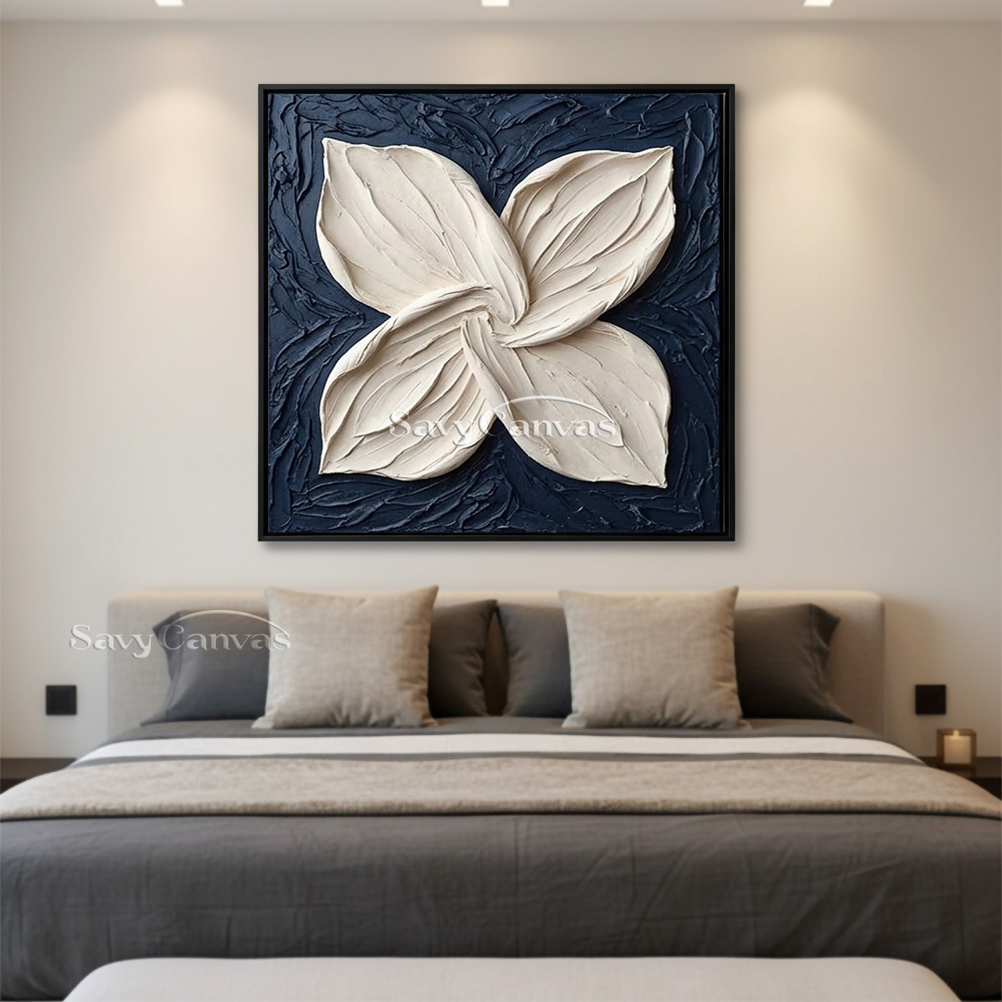 3D White Flower Petal Oil Painting | Navy Blue Textured Wall Art #SS 131