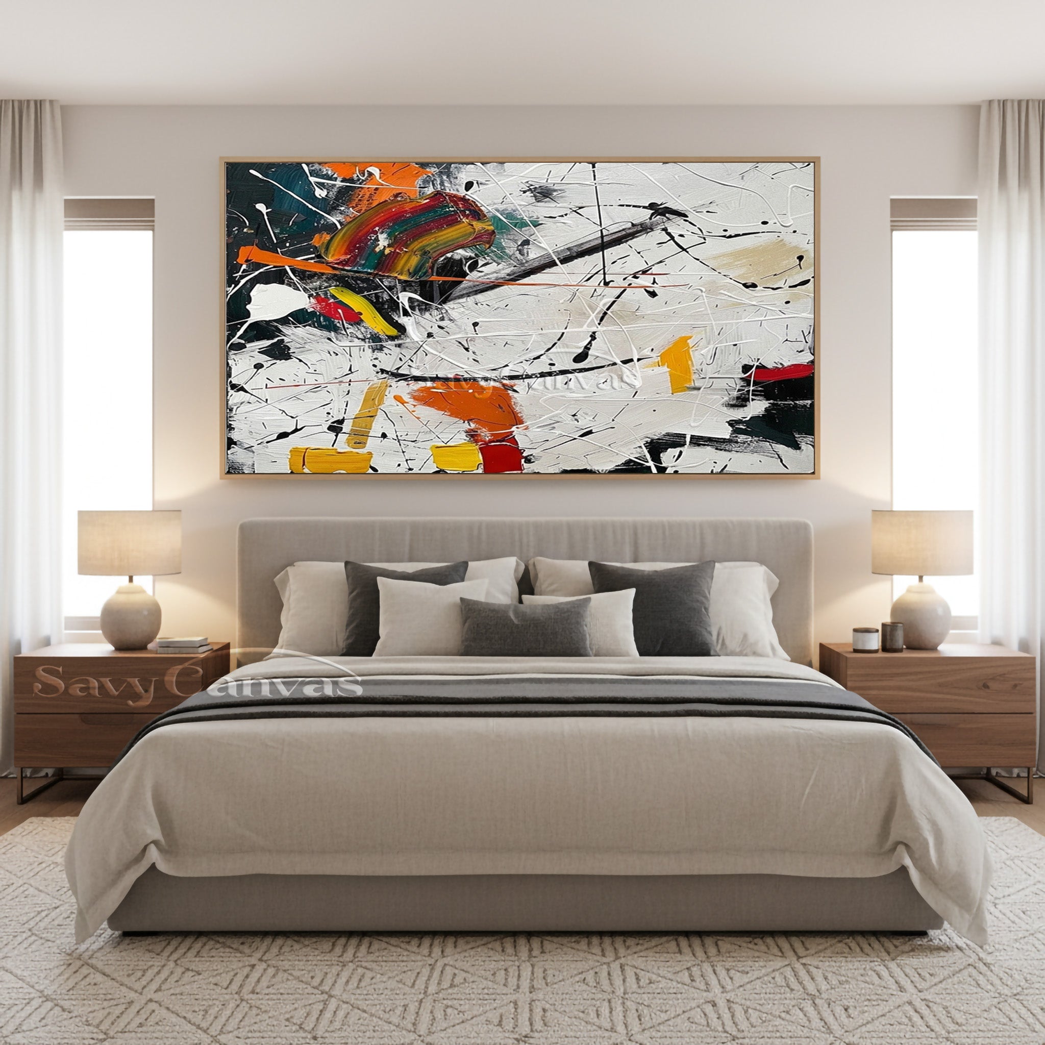 This handmade abstract oil painting showcases expressive splashes of red, orange, teal, and gold.