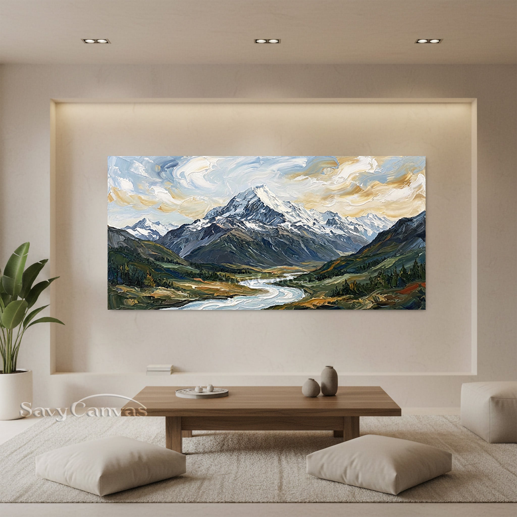 Snow Mountain & Winding River Impasto Oil Painting Wall Art #SS 033