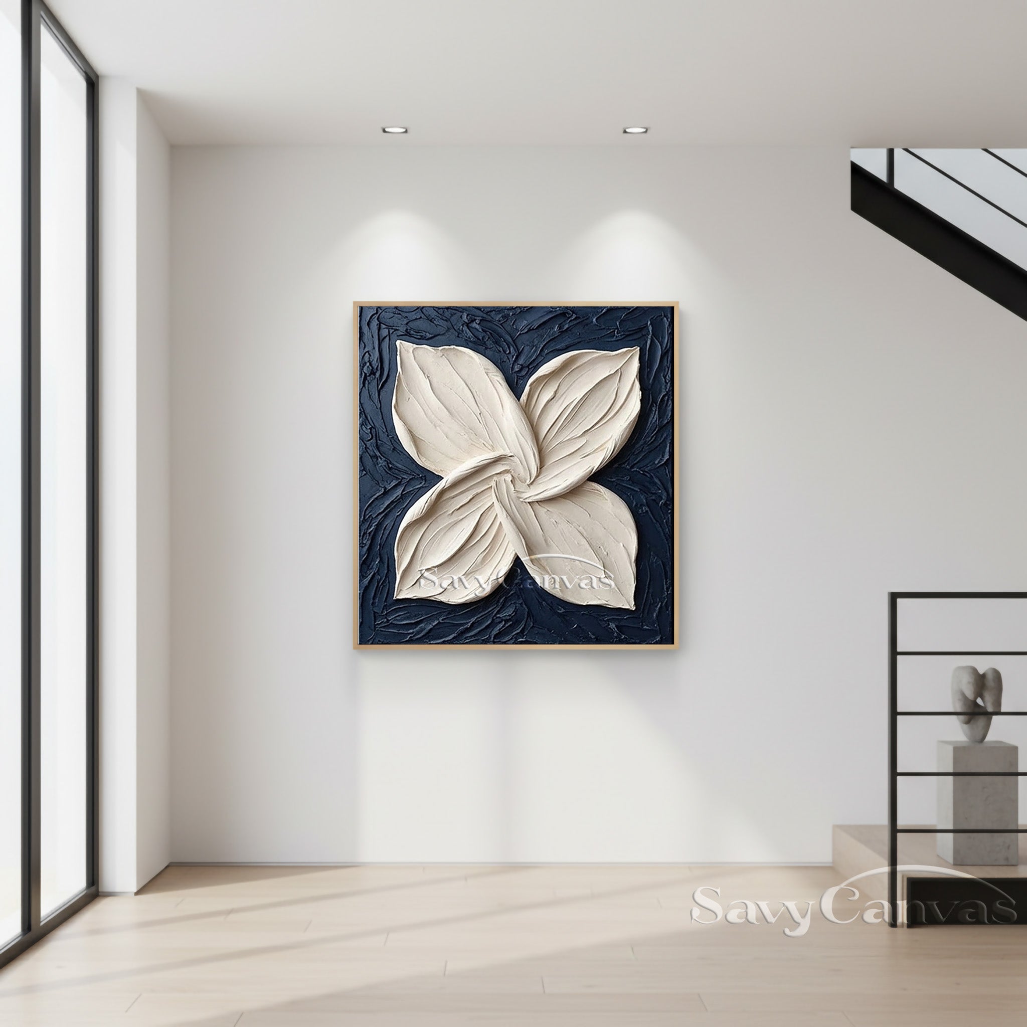 3D White Flower Petal Oil Painting | Navy Blue Textured Wall Art #SS 131